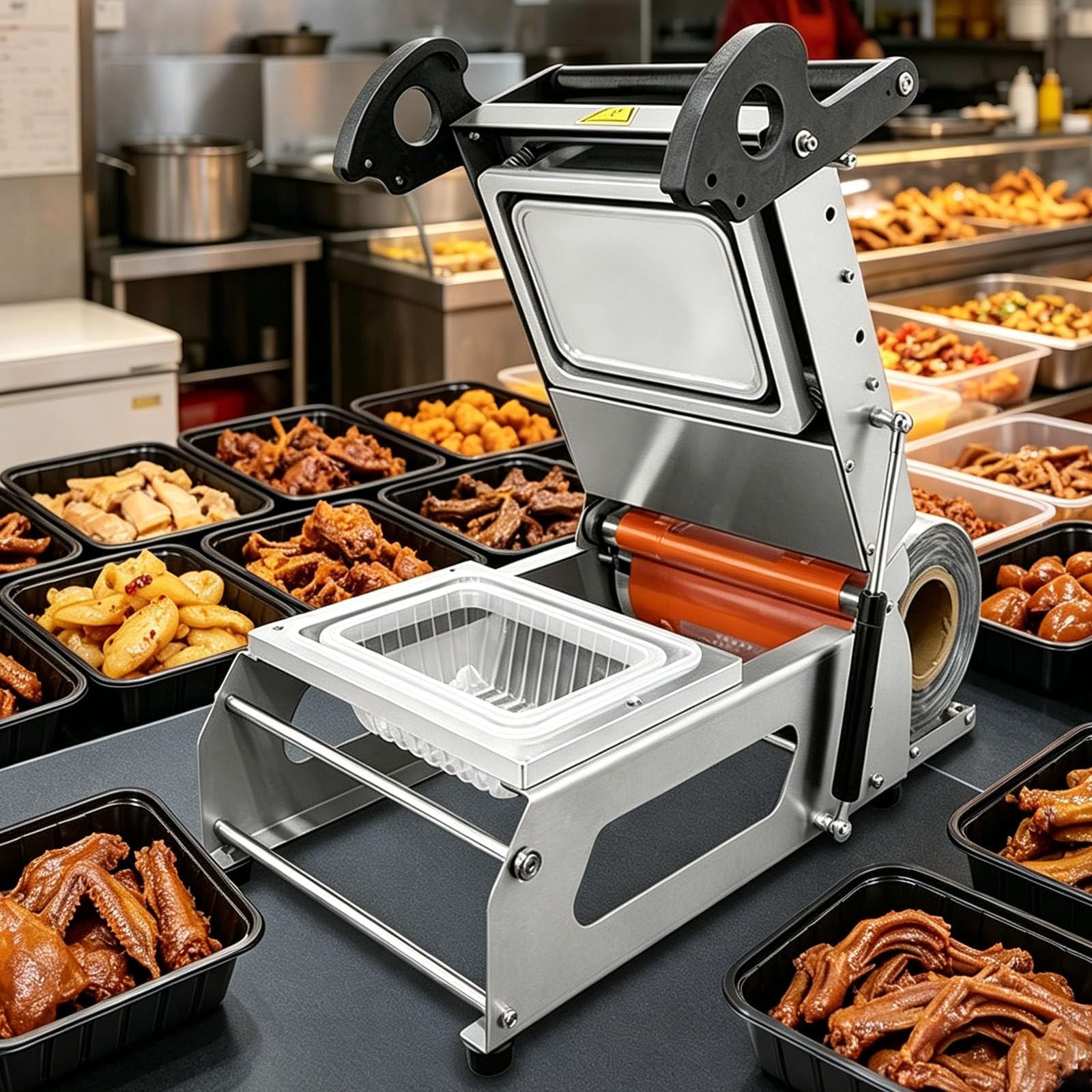 Termosigillatrice Professionale per Vassoi di Alimenti, Macchina Semiautomatica per Il Confezionamento di Alimenti, 7-8 Cicli/Minuto, per Ristoranti 140 * 140mm