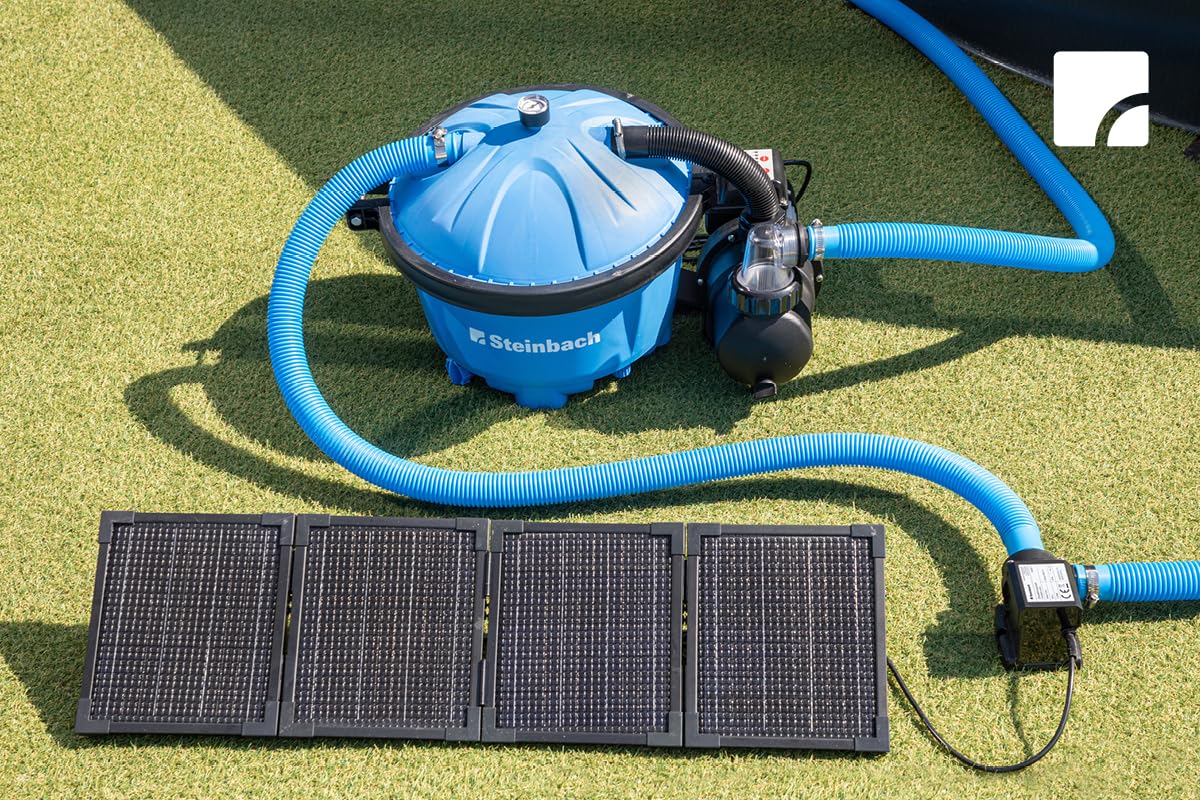 Steinbach Bomba de circulación con panel fotovoltaico – 040613 – Potencia de la bomba 3.000 l/h – Para piscinas con una capacidad de agua de hasta 19.000 l – Con un panel fotovoltaico plegable de 30 W