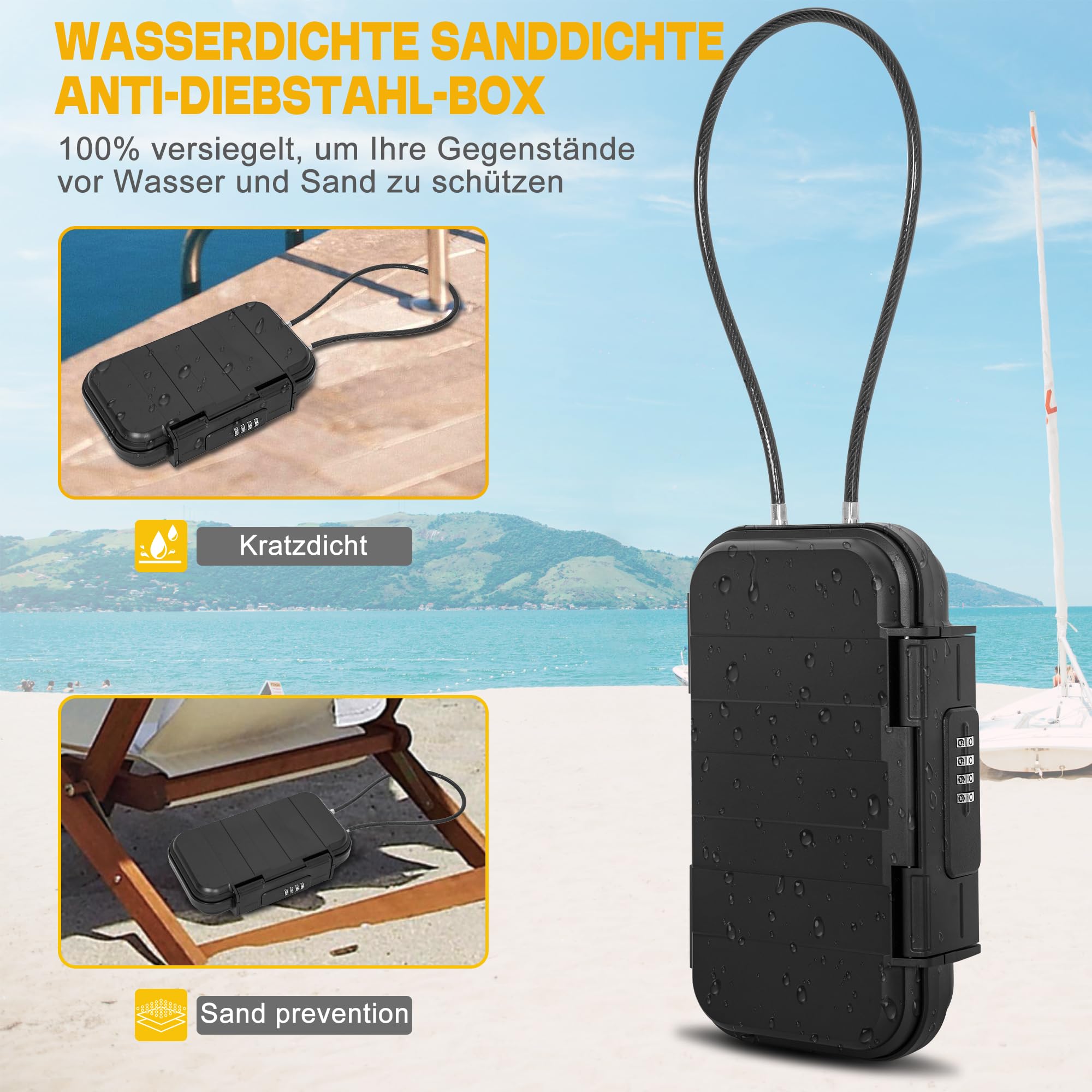 OUUTMEE Przenośny sejf z zamkiem szyfrowym na plażę 24 x 14 x 5,8 cm Sejf na plażę do przymocowania, nadający się do podróży, aktywności na plaży (Czarny)