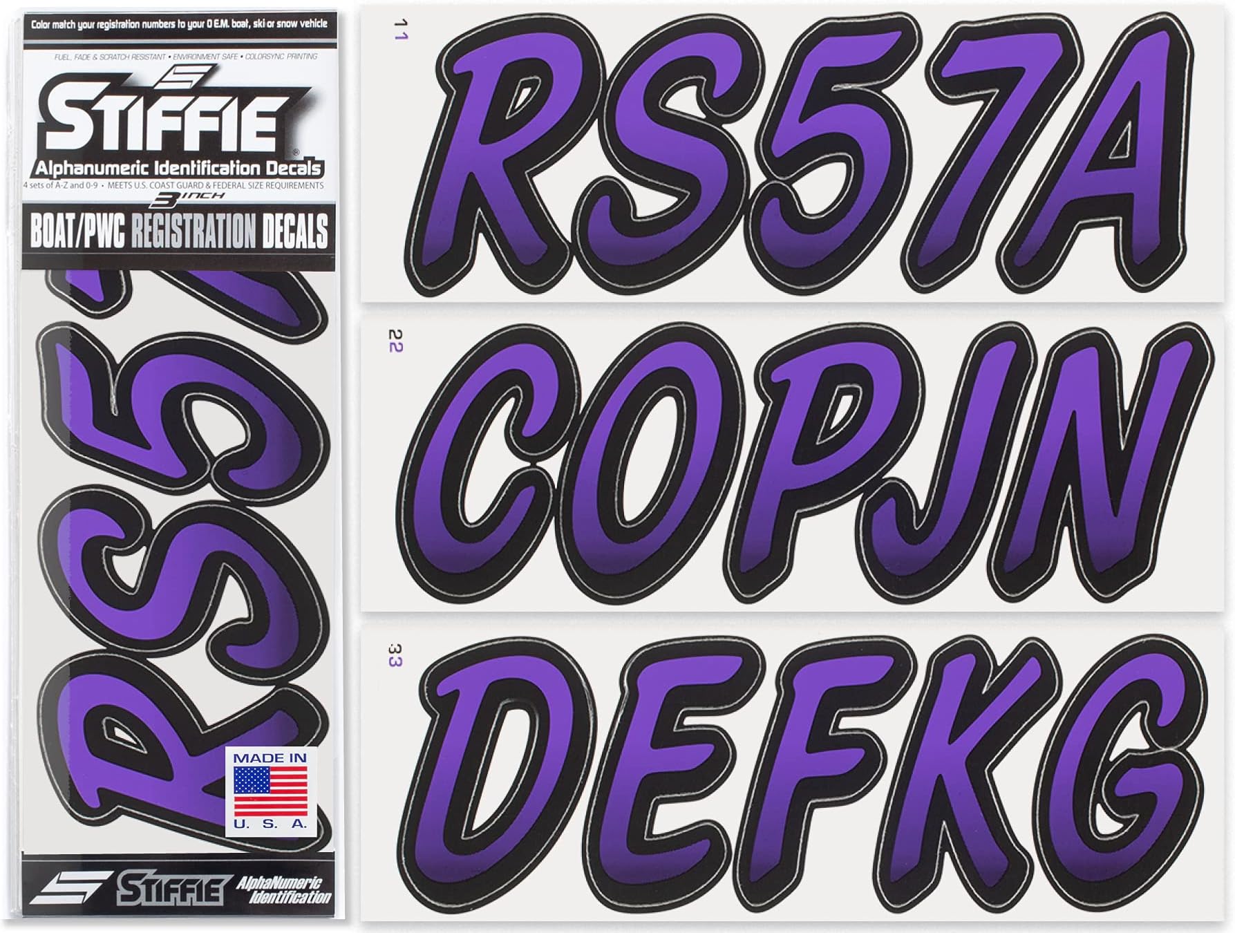 STIFFIE Whipline Purple/Black 3" Boat & PWC Registration Decals • Numbers Letters Stickers