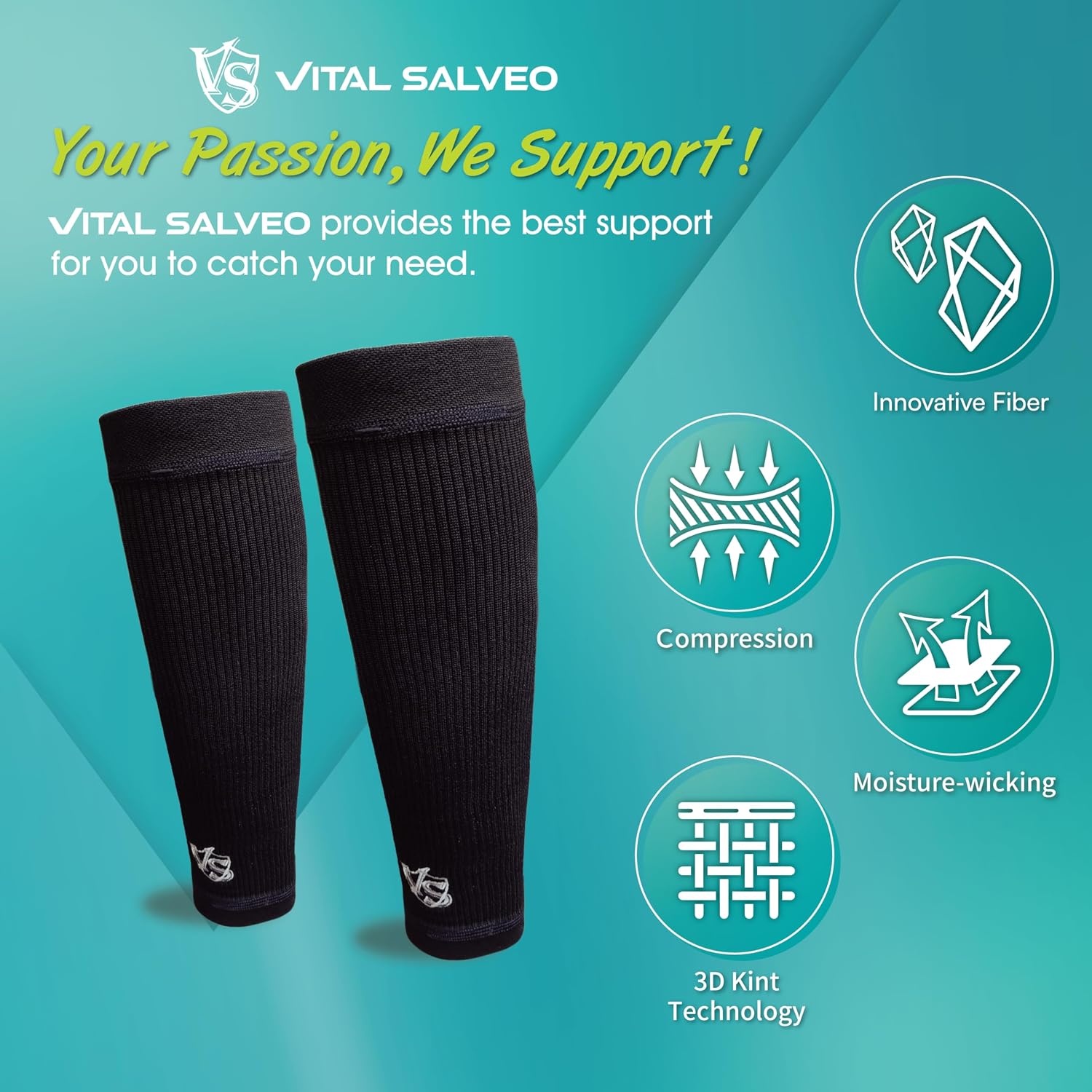 Vital Salveo Graphene Recovery Calf Sleeve - Compression Support for Post-Exercise Recovery,Pain Relief (1 Pair)