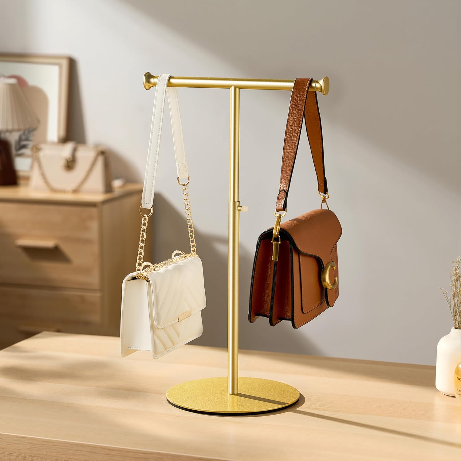 niffgaff T Bar Purse Display Stand Tabletop: Adjustable Height Handbag Holder, Countertop Hanging Rack for Long Necklace Scarf Lanyard, Gold - Image 4
