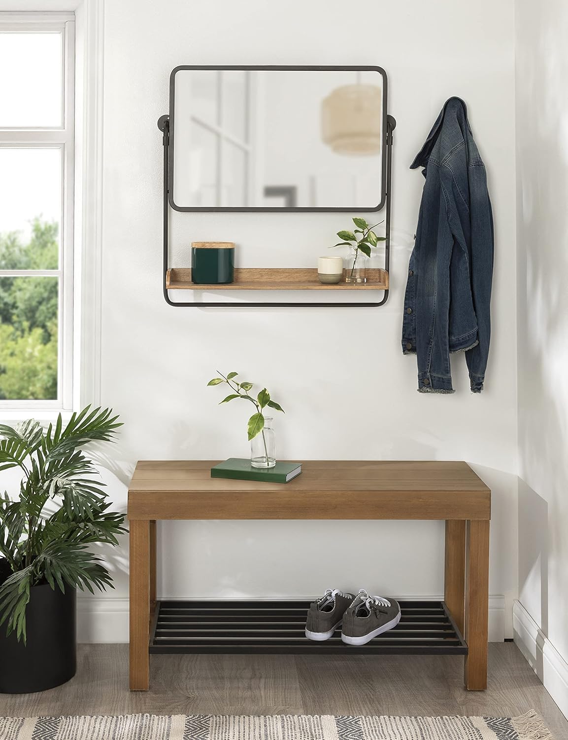 Kate and Laurel Rheeves Farmhouse Rectangle Mirror with Shelf, 27 x 7 x 26, Rustic Brown and Black, Modern Wall Mirror with Functional Wood Storage