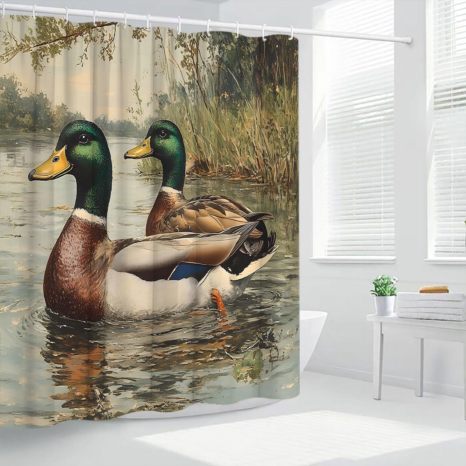 Mallard Duck Shower Curtain Vintage Lake Duck Hunting Theme Rustic Farmhouse Cabin Wild Animal Polyester Curtains Bathroom Decor with Hooks 78" Wx70 H