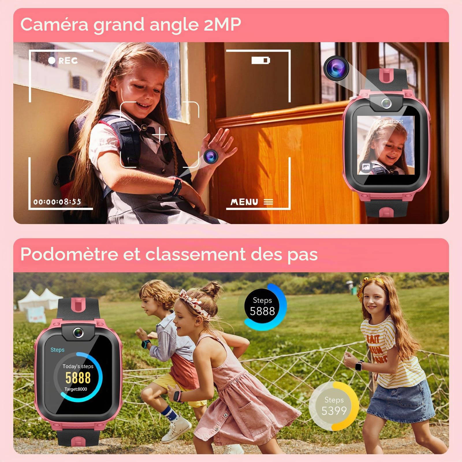 imoo Z1 Smartwatch Enfant Fille, Montre Connectée pour Filles avec Appels Vidéo & Téléphone Autonomie Longue, Montre Enfant Tracker GPS, Résistant à l'eau IPX8 (Z1, Rose)