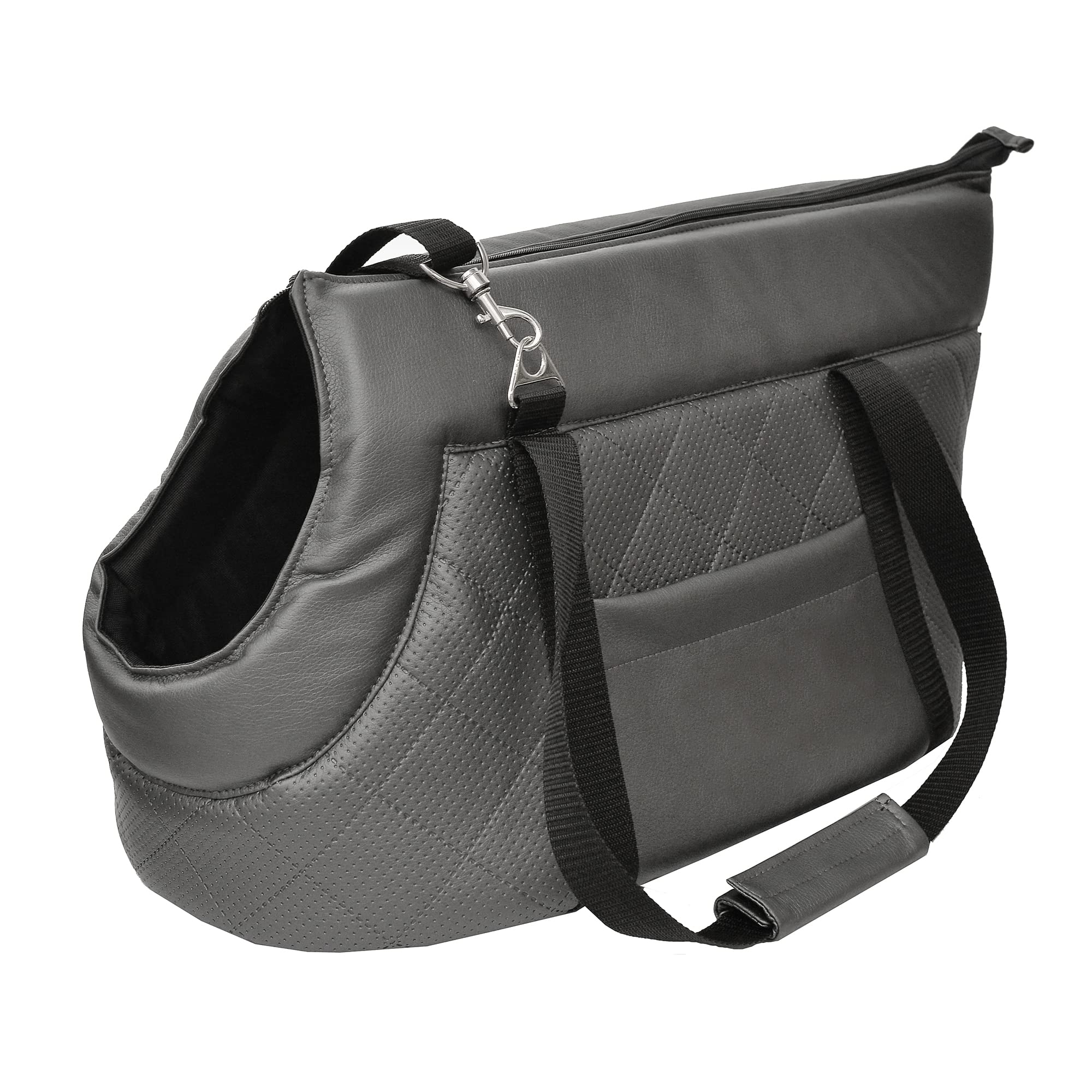 Premium Pet Carrier Bag for Dogs & Cats, Faux Leather Shoulder Travel Bag with Elastic Safety Strap and Carabiner, Up to 10 kg, Grey Metallic, Size M, 40 x 23 x 26 cm โ image 1