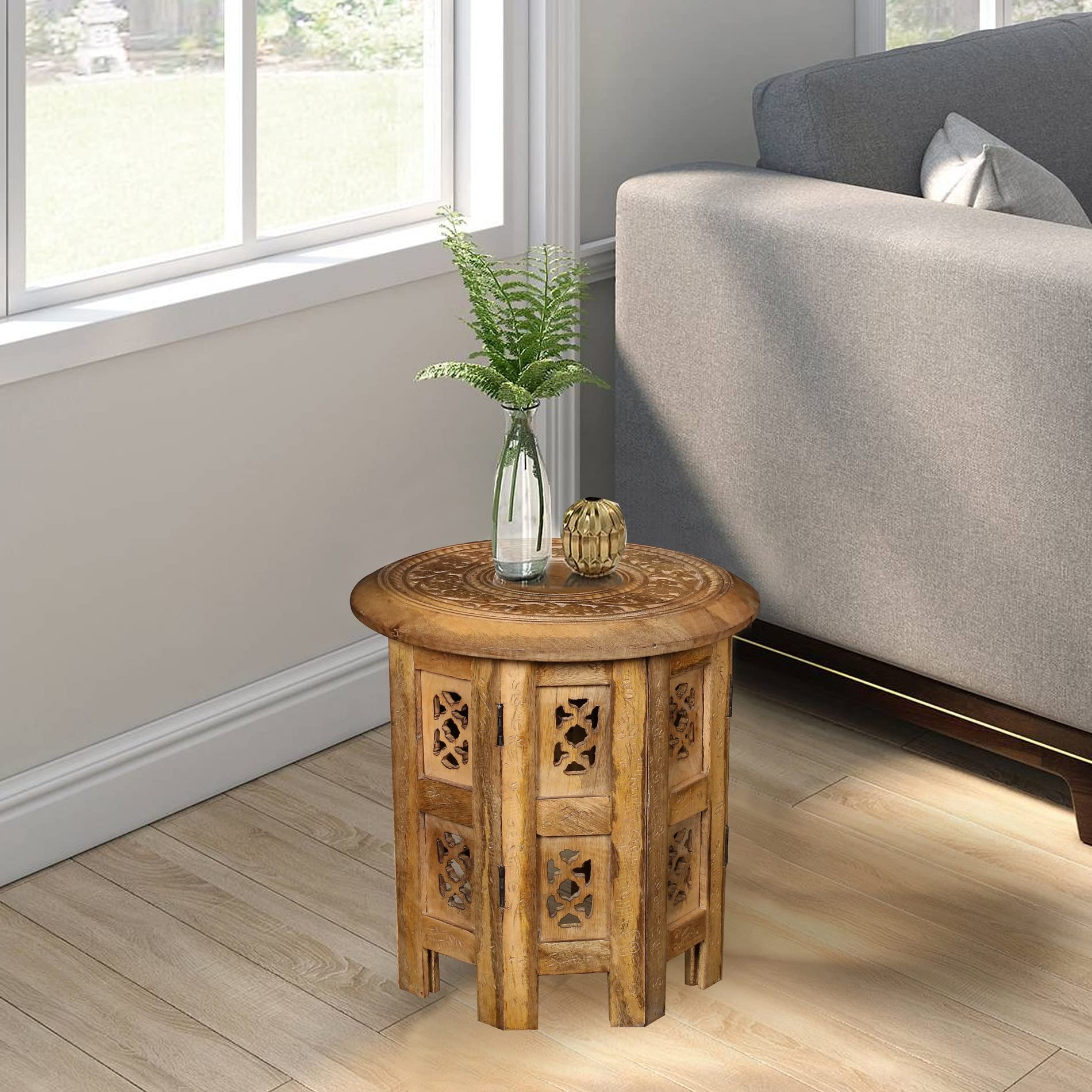 topfurnishing Beautiful Round Natural Pine Hand Carved Indian Shesham Wooden Coffee Table Side (Natural, Small 12"x12"x12")