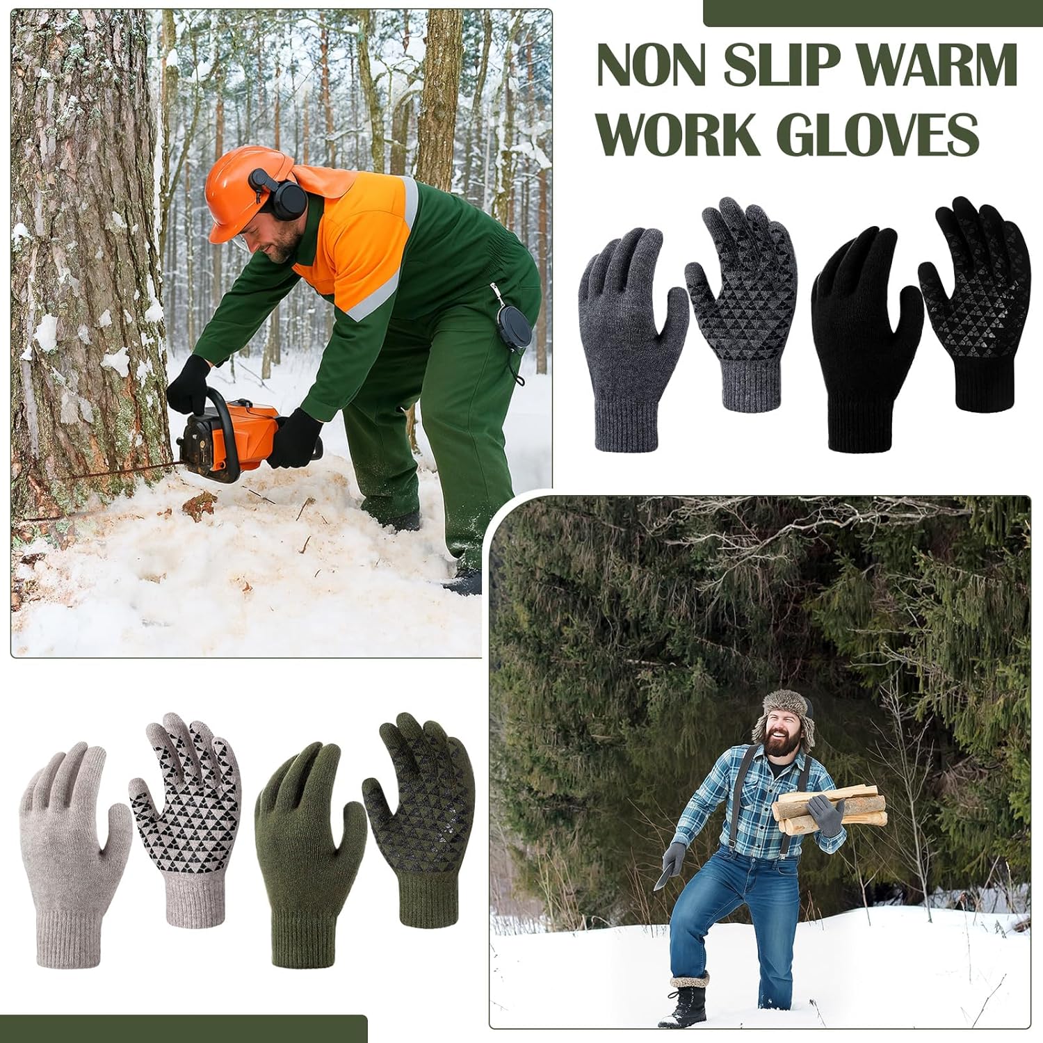 4 Pairs Men Wool Gloves with Grip Winter Outdoor Men's Military Wool Army Non Slip Warm Work Gloves for Men Cold Weather Tactical Ski Hunting - Image 5
