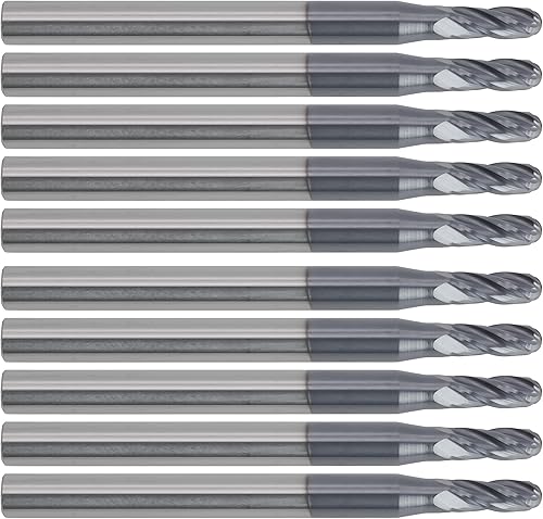Miniatura 43 de CME 10 piezas de fresas de carburo micrograno, nariz de bola, revestimiento TiAlN, diámetro de fresado de 1/8 pulgadas, longitud de corte de 1/2