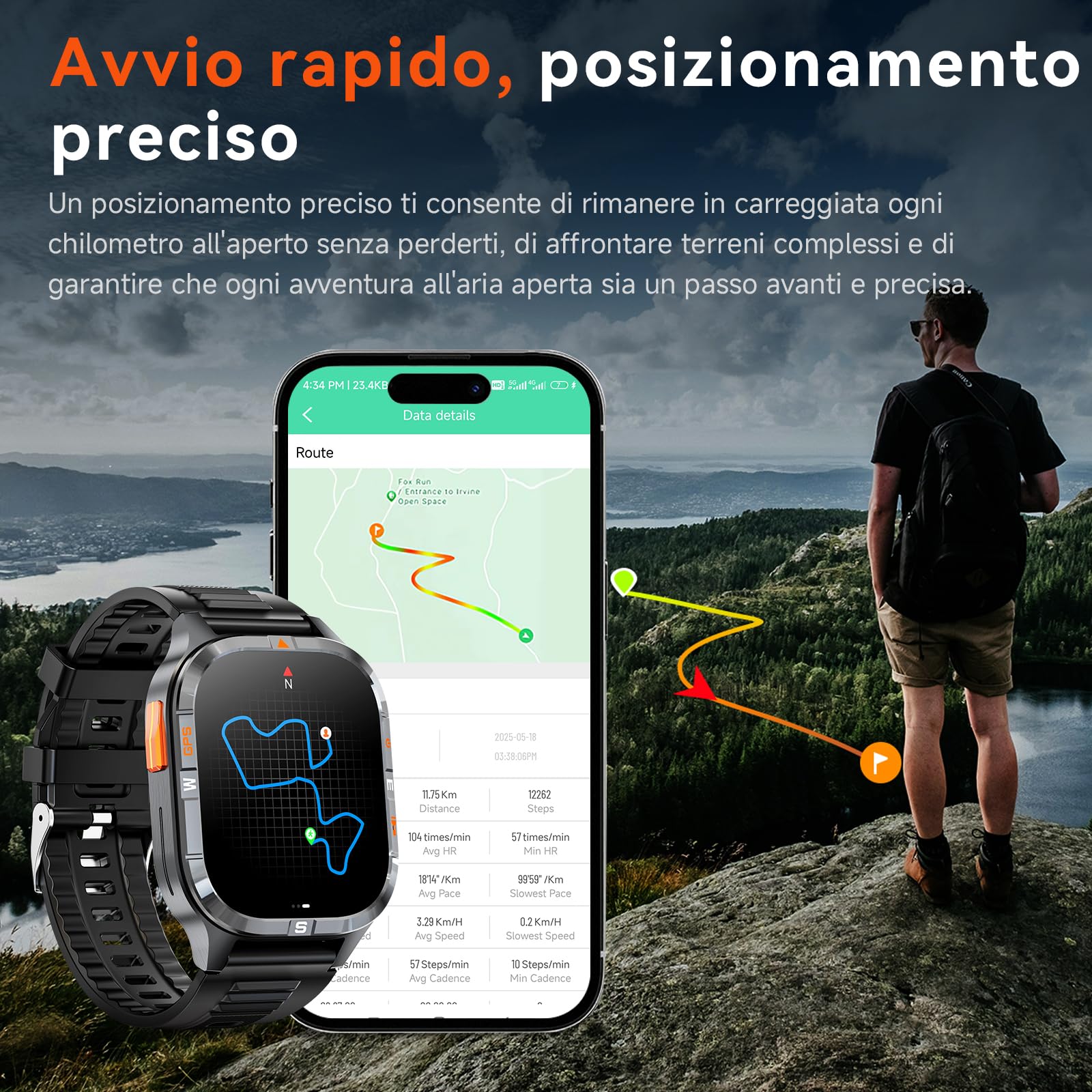 Orologio intelligente GPS militare con bussola/altezza/torcia, 2,01 pollici con schermo HD, assistente vocale/chiamate Bluetooth, per Android e iOS, diverse modalità di movimento (Nero)