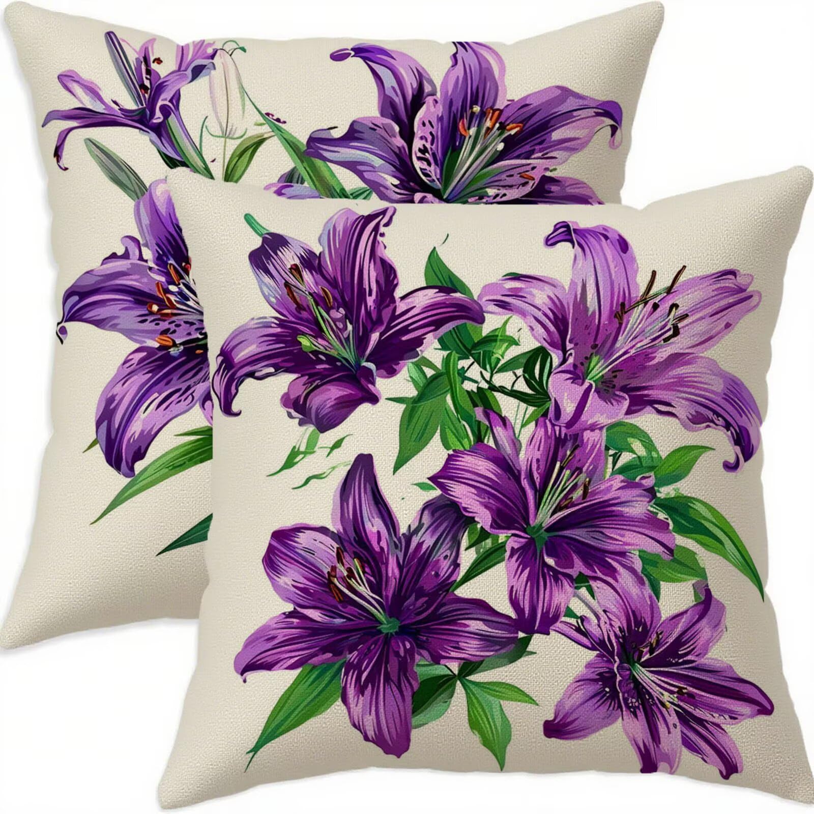 Housse coussin 60x60cm imperméable lin violet, taie oreiller vintage fermeture éclair invisible