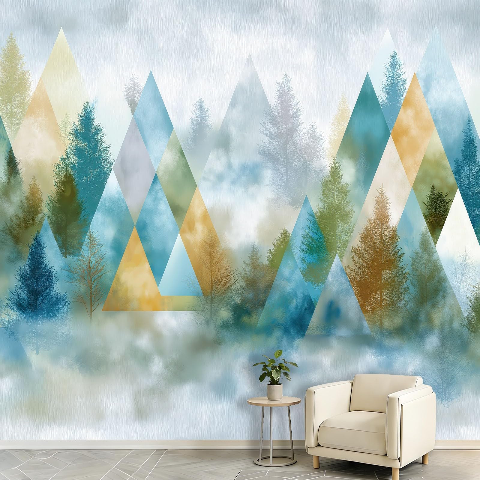 Générique Trójkątna tapeta las mgła gruba 350 x 256 cm plakat na ścianę olbrzymi 3D, skandynawski minimalistyczny ścienny, tapeta z włókniny freskowej do salonu, sypialni i kuchni