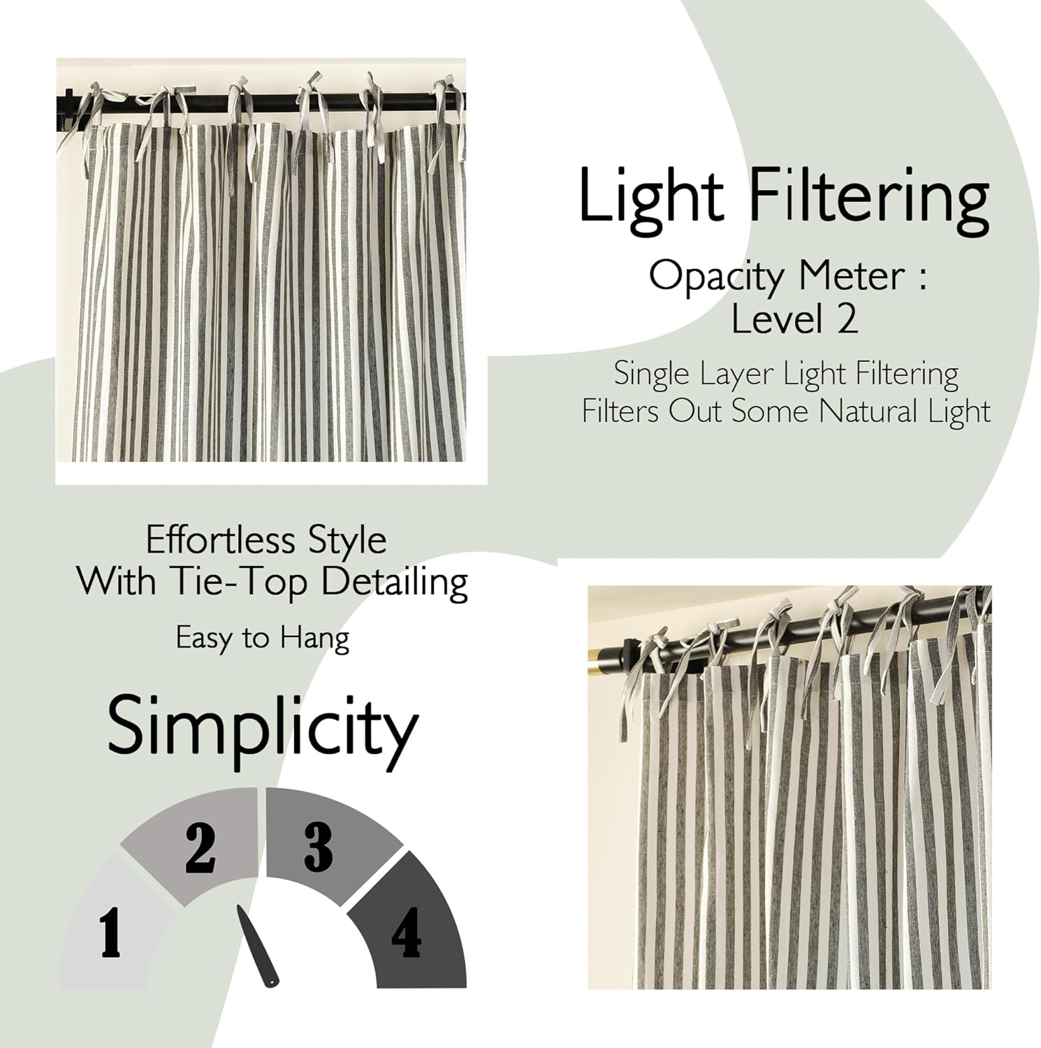 THE ART BOX Gauze Striped Curtains,Boho Linen Tie Top Hanging Curtains Light Filtering Door Window Treatment 2 Panel Curtain Drapes for Living Room Bedroom Green on White (96''x42'' Each Panel)