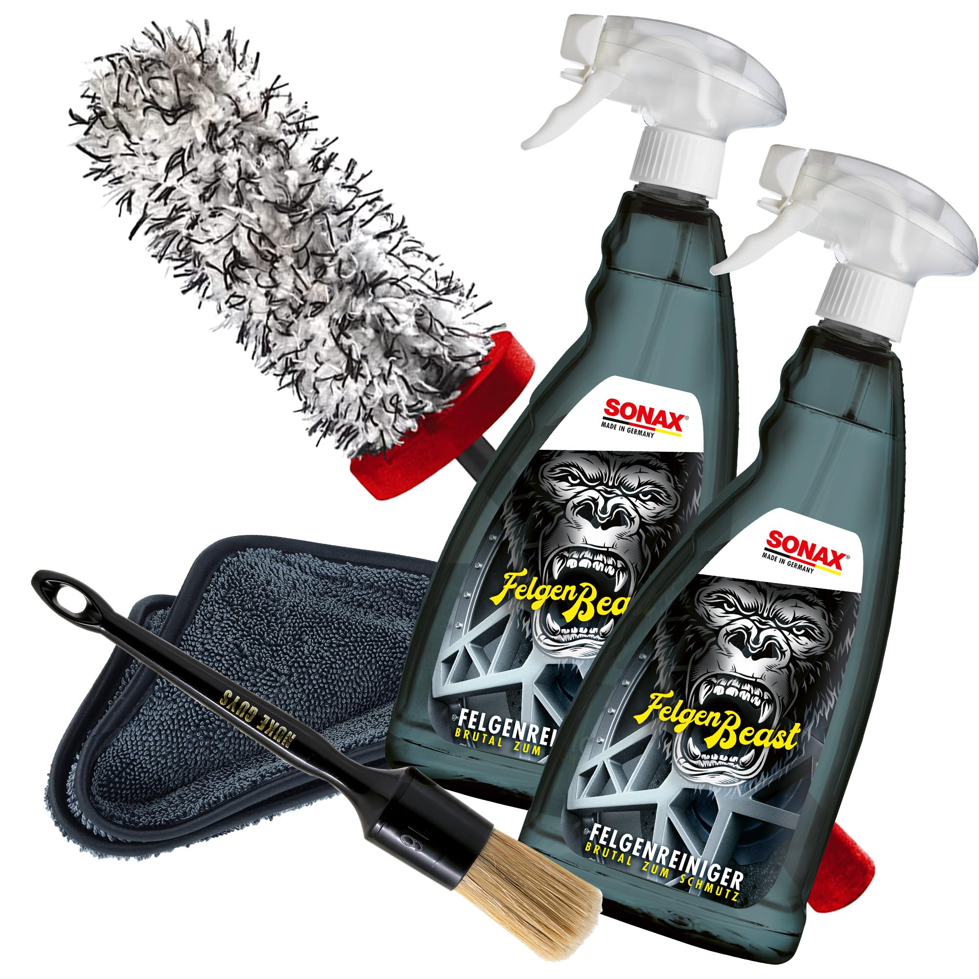 Felgen Reinigungs Set mit 1x Sonax Mikrofaser Felgenbürste lang + 2x Felgenbeast Felgenreiniger 1 Liter ideal für Alufelgen + 1x detailmate Trockentuch + Nuke Guys Reinigungs Pinsel
