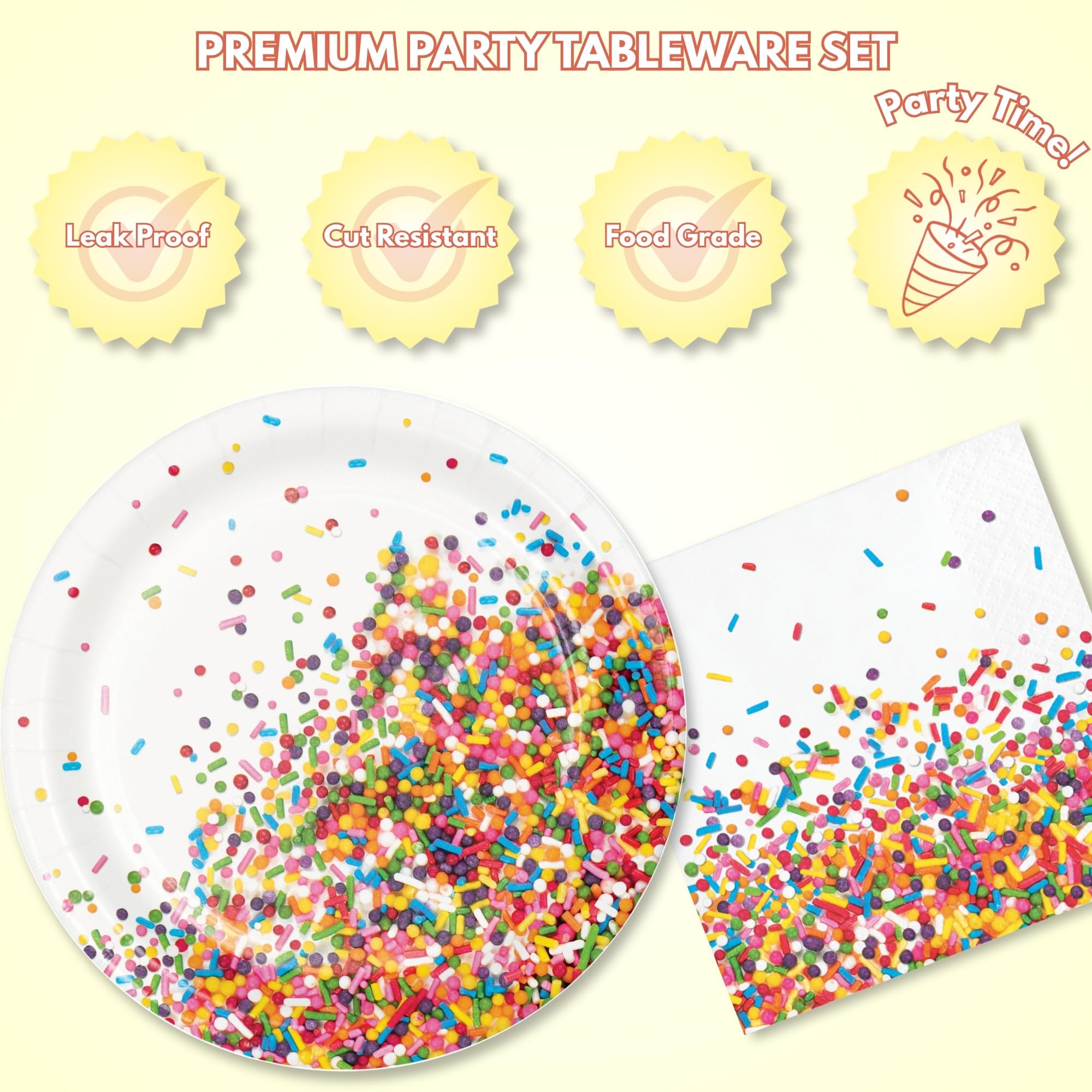 Confeti Sprinkles - Juego de platos de papel, servilletas, tazas y cubierta de mesa de plástico (sirve 16)