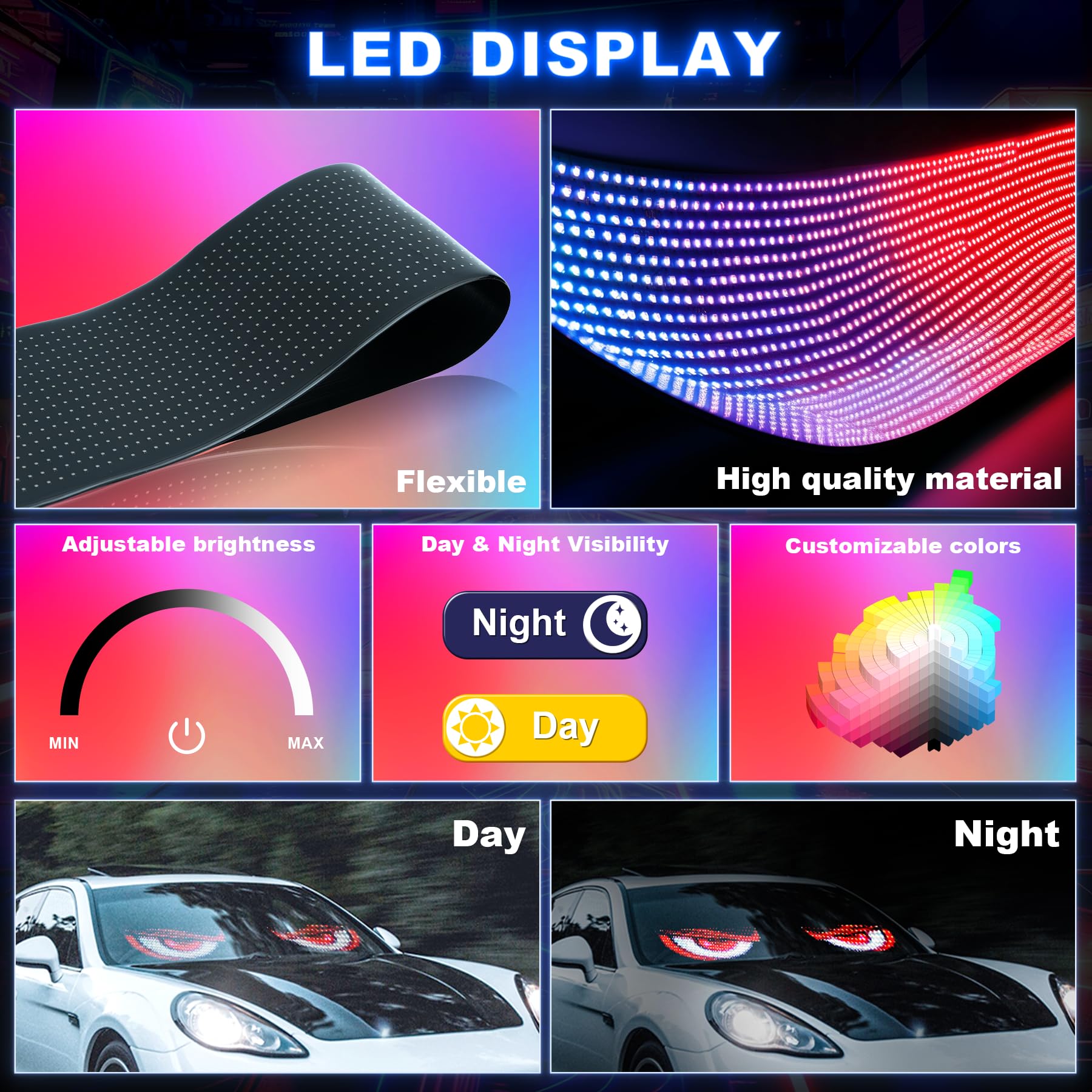 Looklight 2 sztuki Devil Eyes, oczy LED do samochodów ciężarowych i samochodowych (12 x 59,5 cm), elastyczny tekst przewijany LED, programowalny, pilot zdalnego sterowania i sterowanie aplikacją