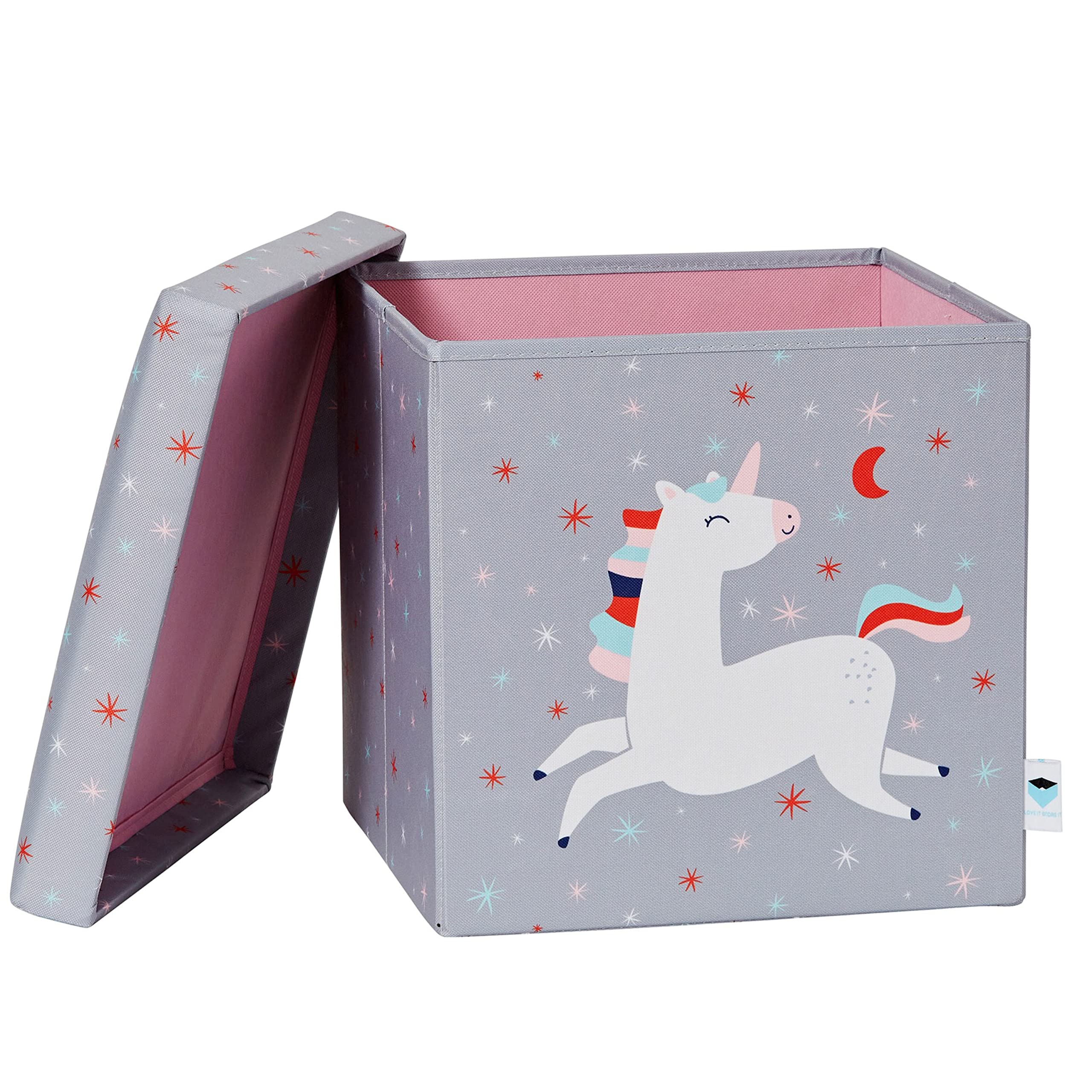 LOVE IT STORE IT - Pouf Contenitore Bambini Ultra Resistente Pieghevole Rinforzi Legno - 35x35x35cm - Fantasia Unicorno Grigio