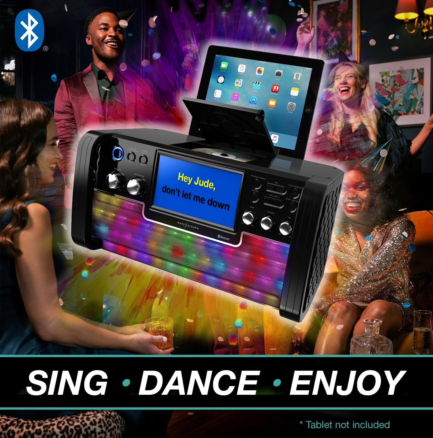 Rear view of Easy Karaoke EKS780-BT showing power input, audio/video output ports, and microphone inputs.