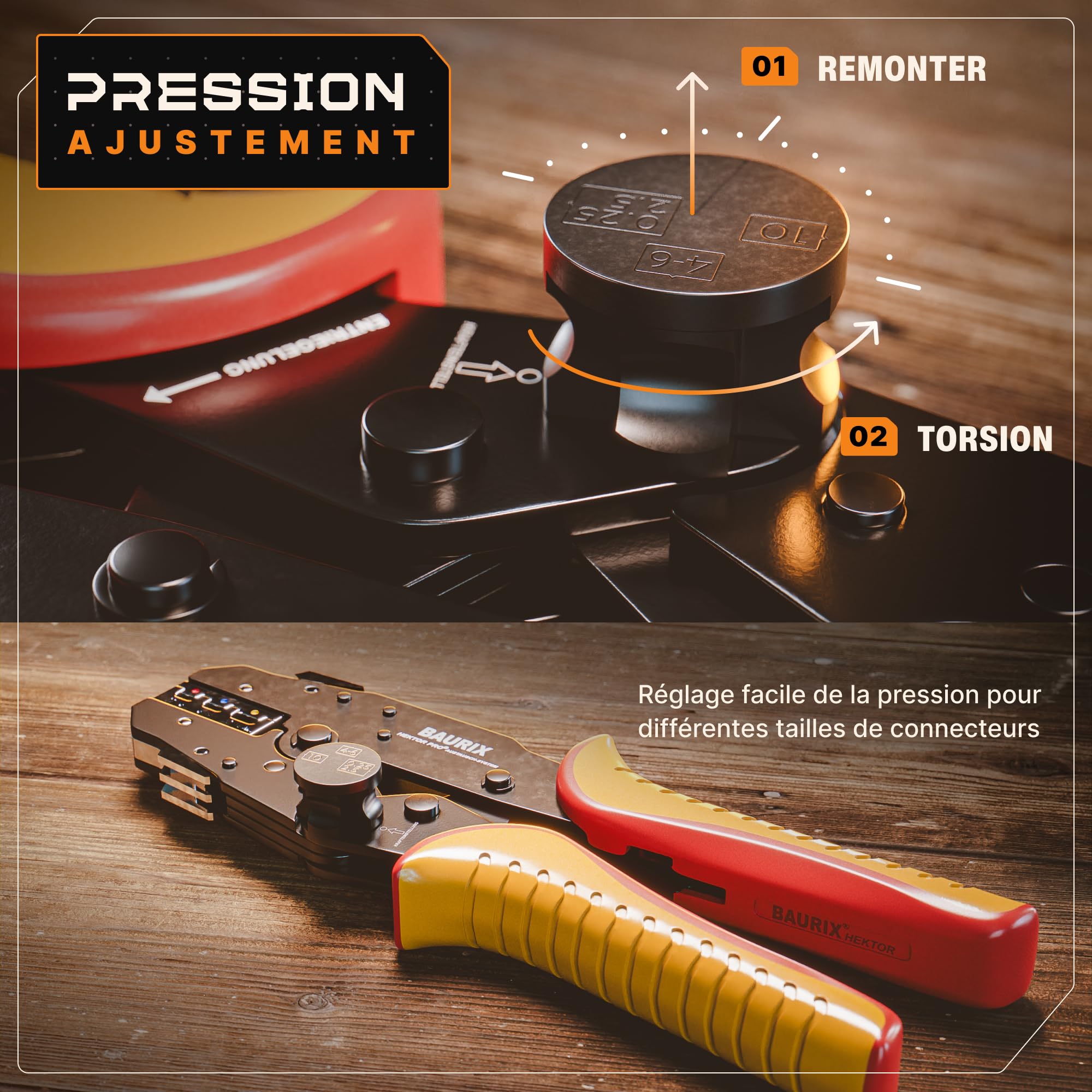 BAURIX® Pince à Sertir Mâchoires Interchangeables – + Pince à Dénuder | Modèle HEKTOR PRO & AKURA. 6 jeux de mors + pince à dénuder. Cosses, fastons, embouts et connecteurs isolés.
