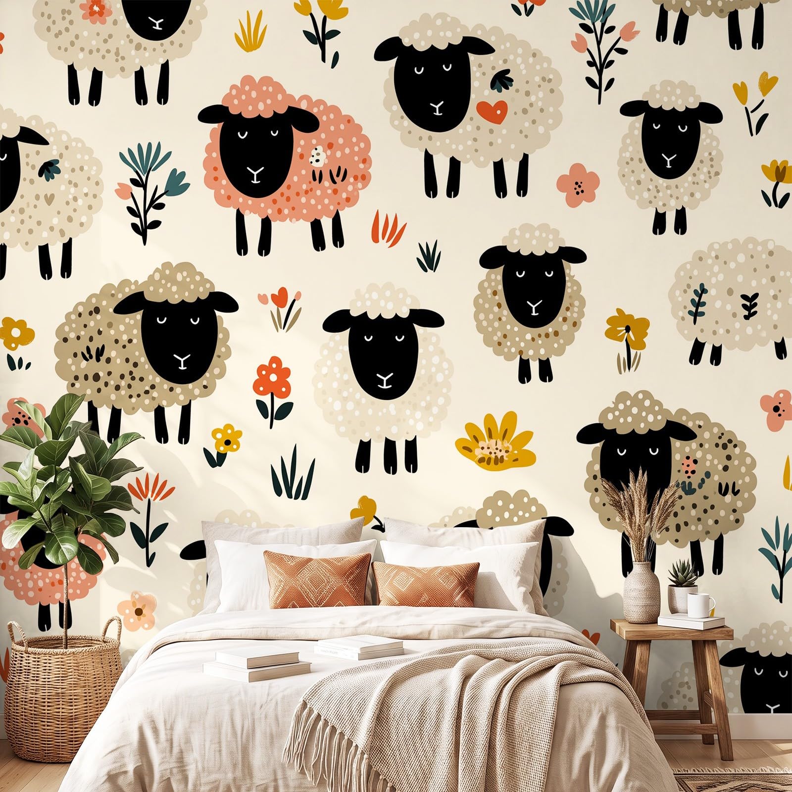 Tapeta 3D, ciepła, kreskówka, zabawa, 274 x 254 cm, mural ścienny, owca, zwierzę, beżowa tapeta do sypialni, przedszkola, malowniczego ogrodu