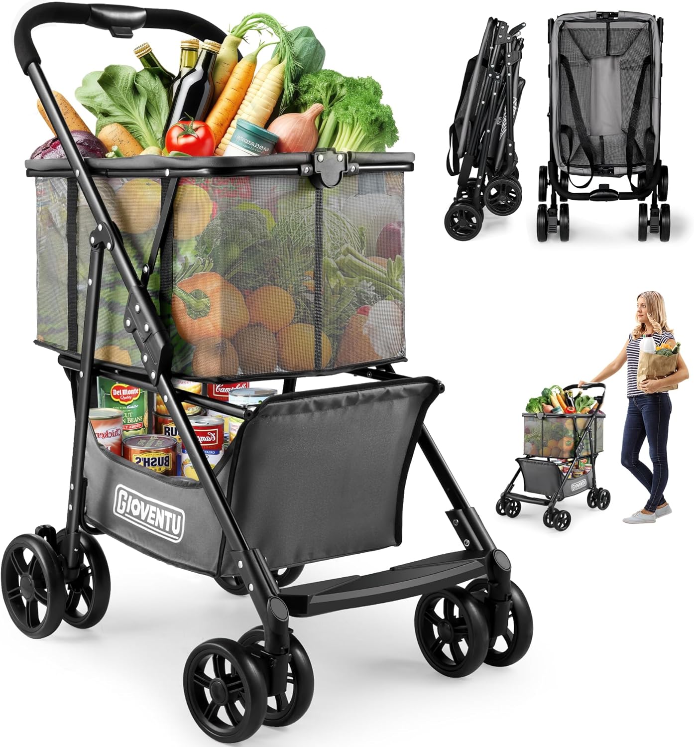 (Similar)Folding Shopping Cart with Wheels (80lbs), Collapsible Grocery Carts with 360° Wheels & Removable Tote Bag, Multi Use Portable Personal Shopping Carts for Groceries, Gray
