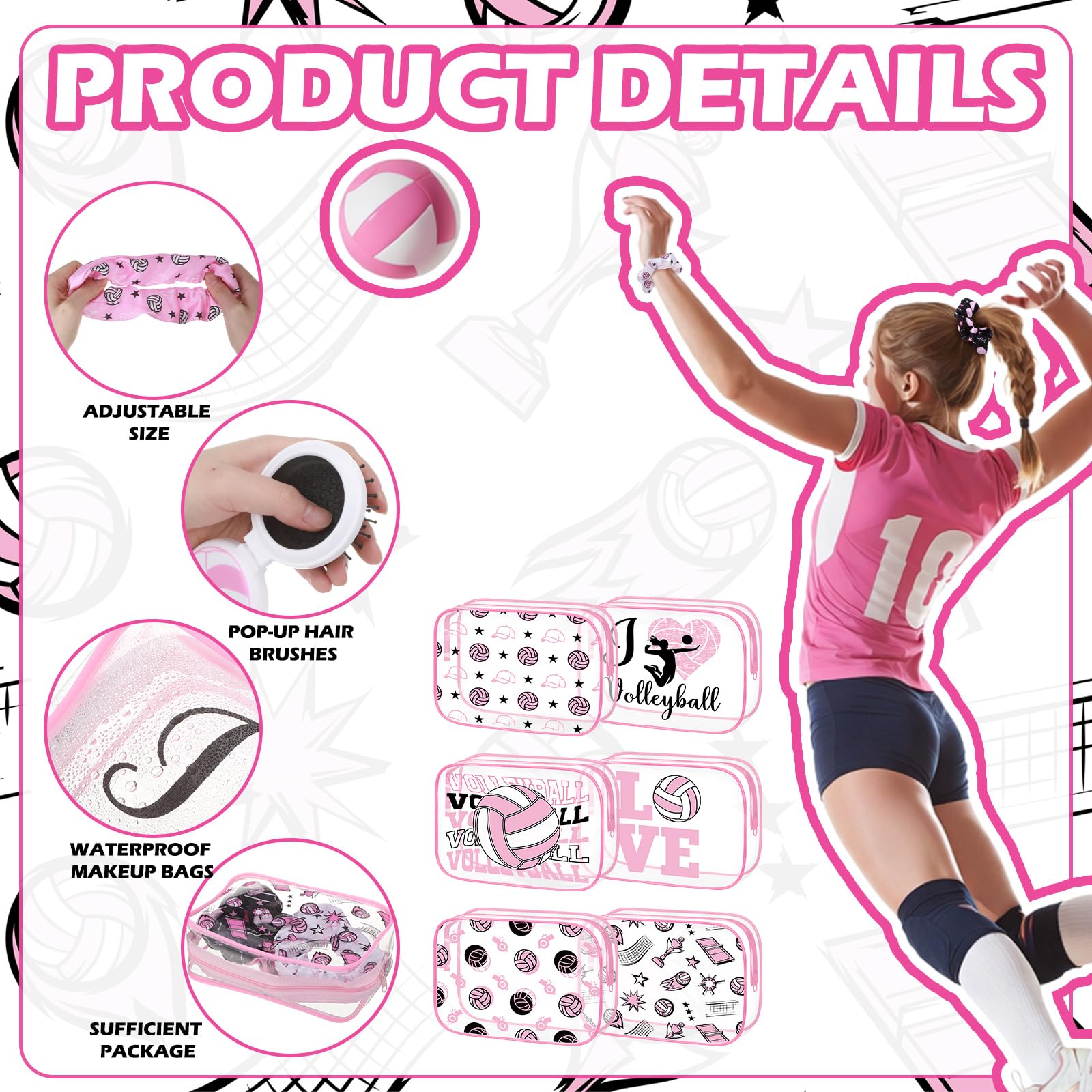 36 Pcs Pink Volleyball Gifts for Girl 12 Pink Volleyball Makeup Bag Bulk Cosmetic Bag Sport Team Gifts with 12 Sport Hair Scrunchies 12 Round Portable Folding Brush Mirror for Team Party