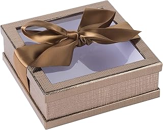Hammont Clear Window Gift Boxes (3 Pack) Multipurpose Bakery Boxes with Ribbon | Treat Boxes Perfect for Party Favors, Cookies and Cupcakes (Gold, 6â€ x 6â€ x 2â€)