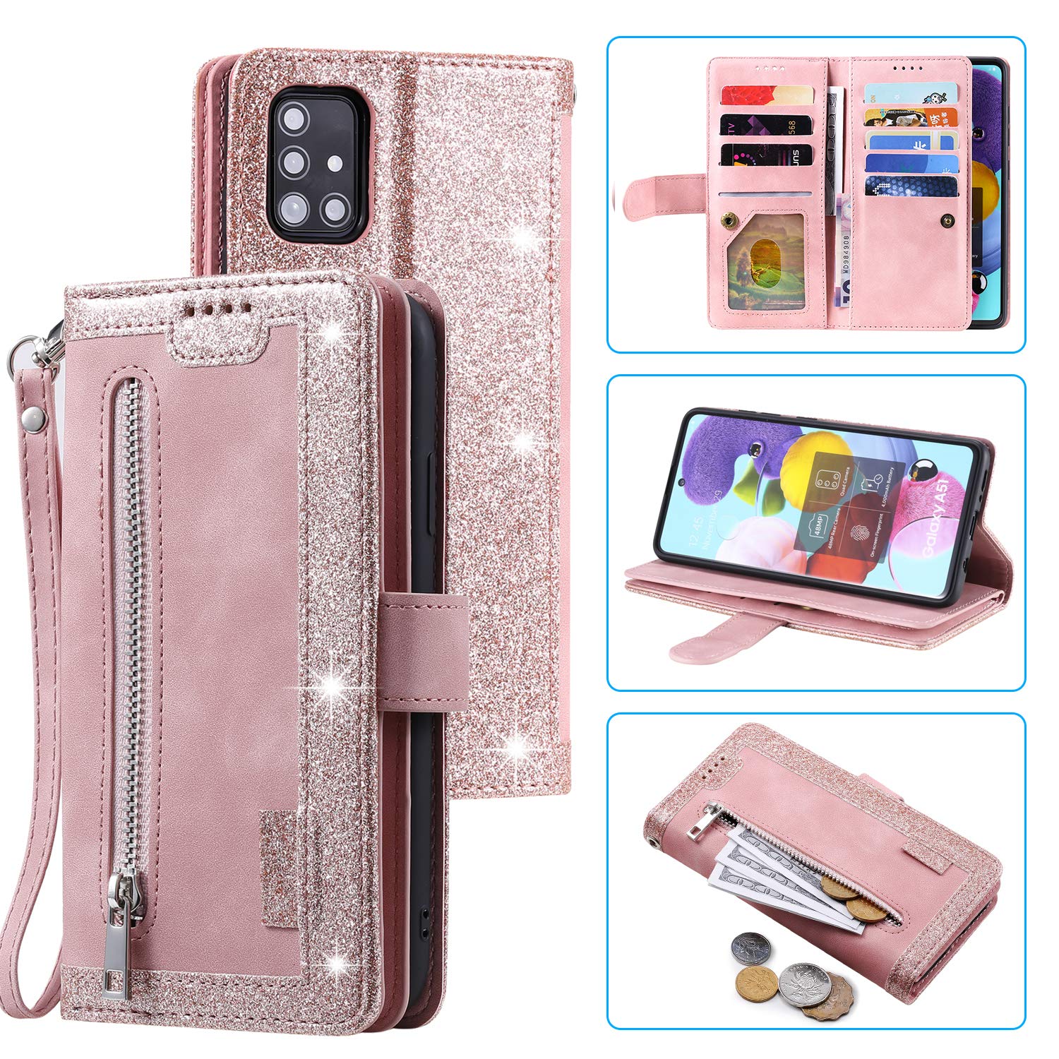 EYZUTAK Wallet Phone Case for Samsung Galaxy A13 5G/4G/A04S, Retro Matte 9 Card Holder Slots Zipper Pocket Case PU Leather Magnetic Closure Kickstand with Wrist Strap Folio Flip Case - Rose Gold