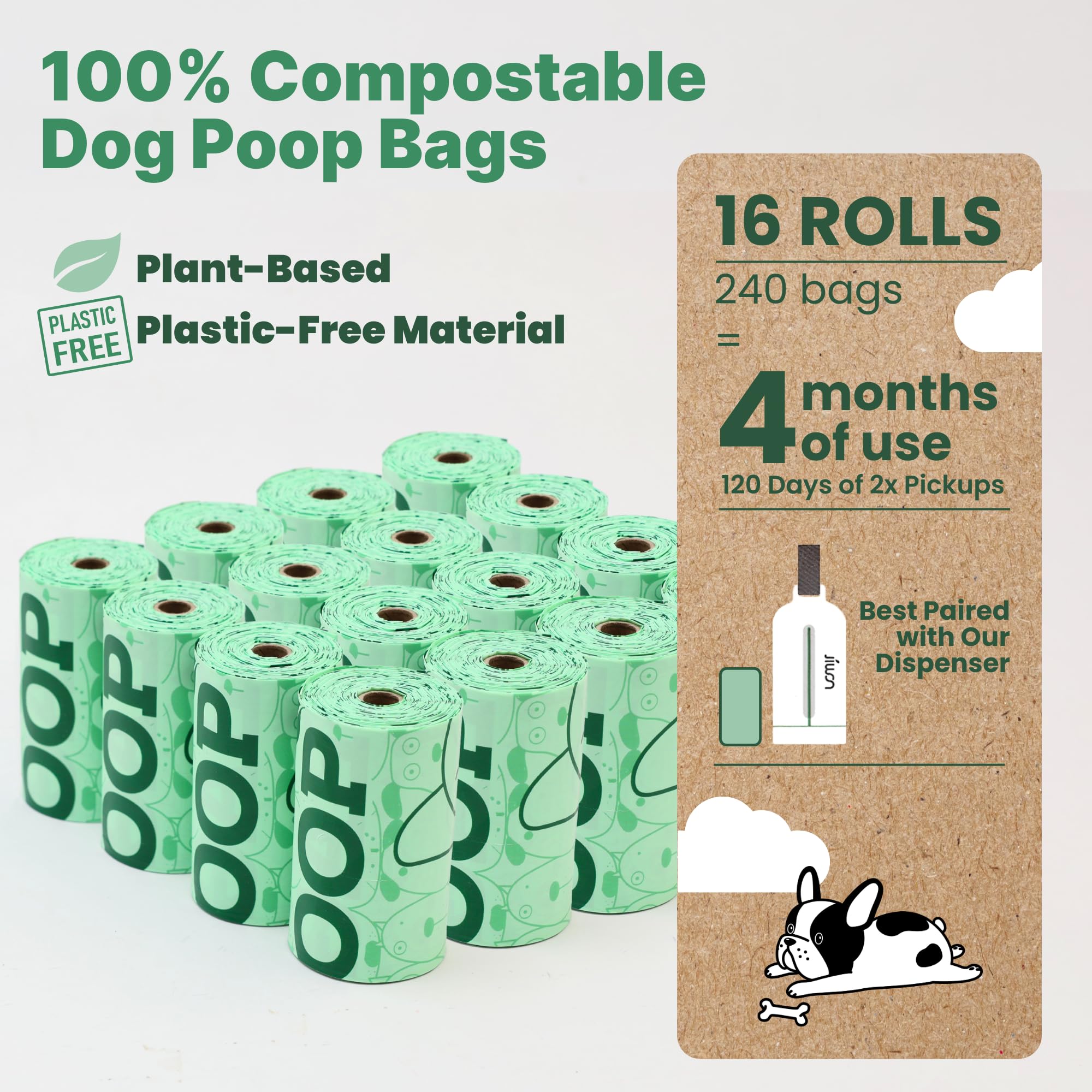 JIWON Bolsas para excrementos de perro 100 % compostables, 240 bolsas, 16 rollos, 9 x 13 pulgadas, estándar ASTM D6400 y EN 13432, certificado OK para compost y plántulas, bolsas gruesas y a prueba de