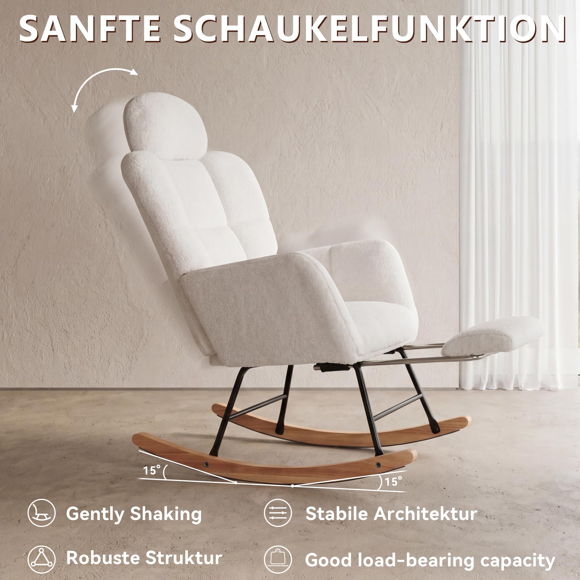 DEKKETO Teddy Stillsessel Schaukelstuhl mit Fußstütze und Kopfstütze, Weiß