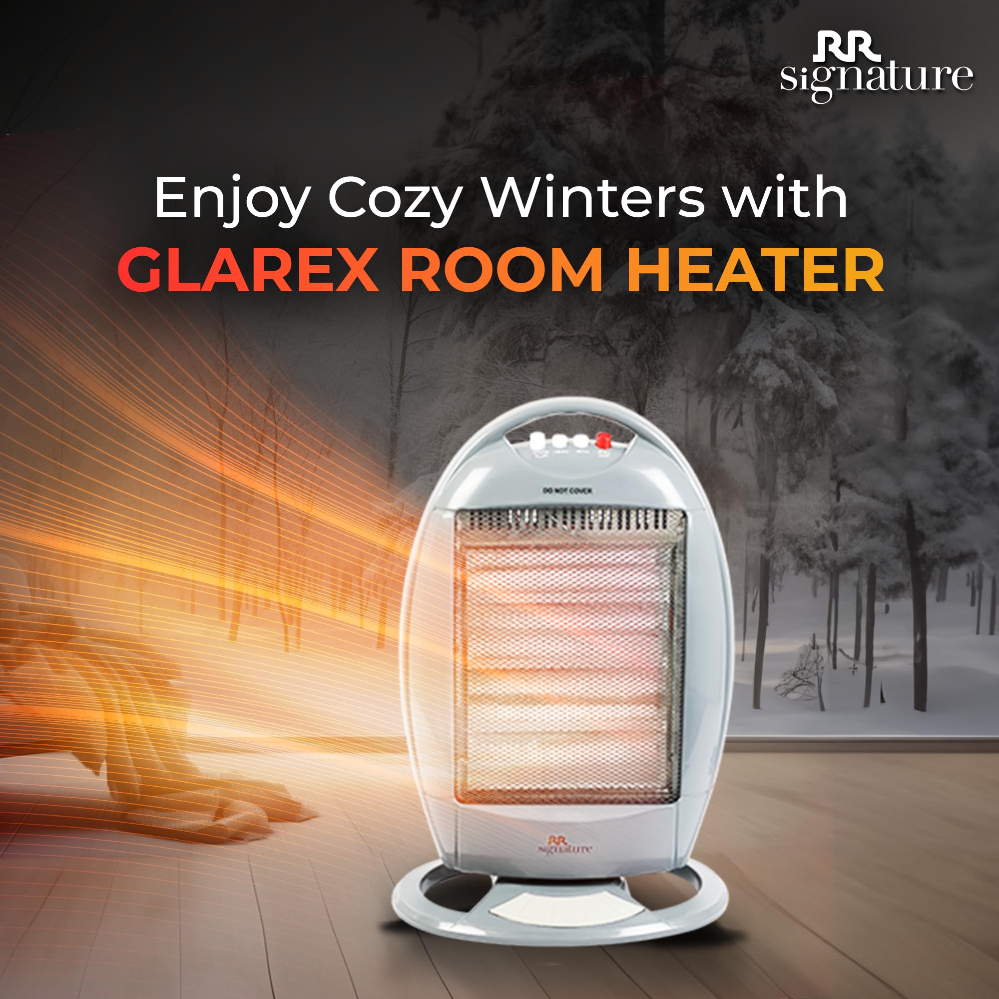 RR Signature GLAREX Halogen Room Heater 1200 Watt | 3 Rod, 3 Heat Setting (400W/800W/1200W) | 180 Degree Oscillation | Metal Grill For Safety | Silent Operation | 2 Year Warranty