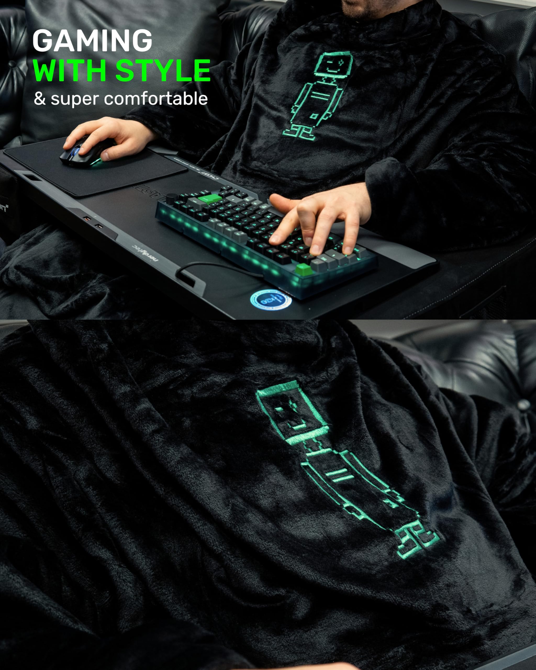 Couchmaster nerdytec koc gamingowy, 180 x 200 cm, przytulny koc gamingowy z rękawami i wzorem nerdybot, 100% poliester, koc dla graczy w kolorze czarnym, dla graczy
