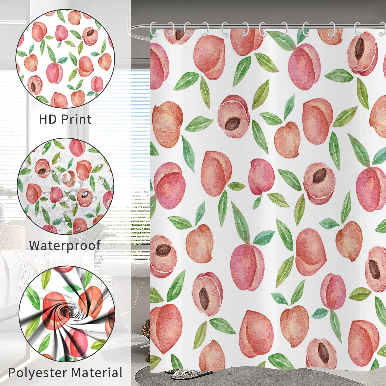 Tenda da doccia Rosa Pesca 180x200, Allover Frutti Verde Foglie Tende da doccia Acquerello Luminoso Colorato Estetica Tenda da bagno Impermeabile Poliestere Tessuto Lavabile Tenda da bagno