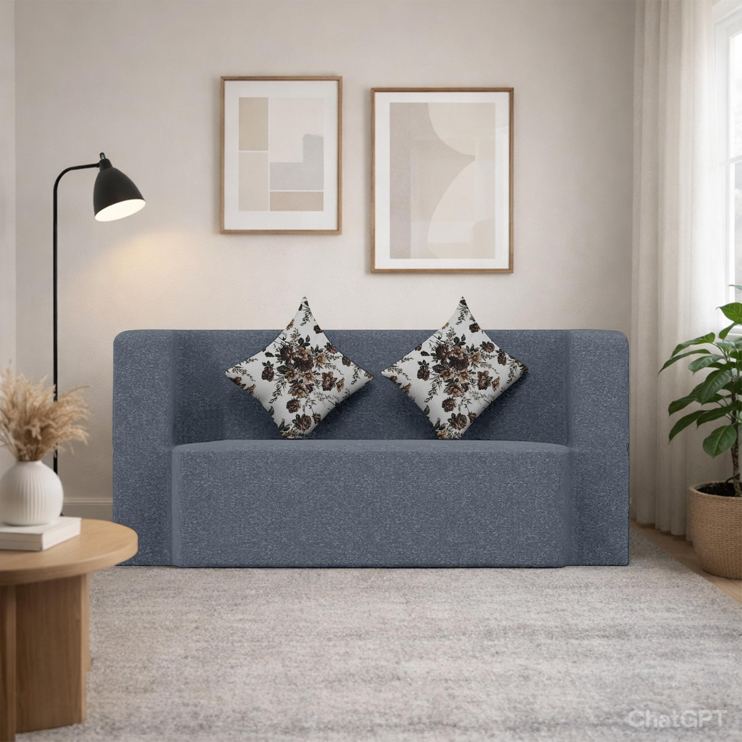 C-Type Foldable Sofa Cum Bed, Convertible 2 Seater Sofa Bed with 2 Cushions, Soft Foam, Space Saving Folding Mattress for Living Room, Guest Room & Home (Grey)-image-20