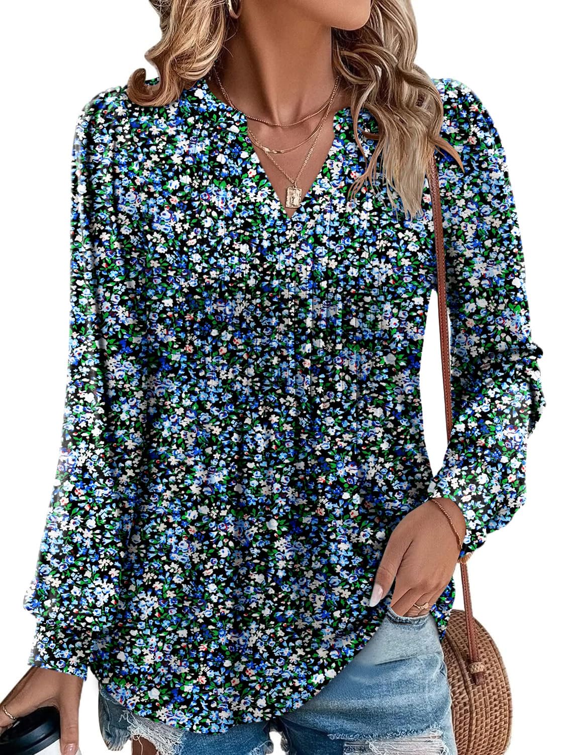 onlypuff Women's Puff Sleeve Tunic Tops V Neck Pleated Blouses Dressy Casual Loose T-Shirts