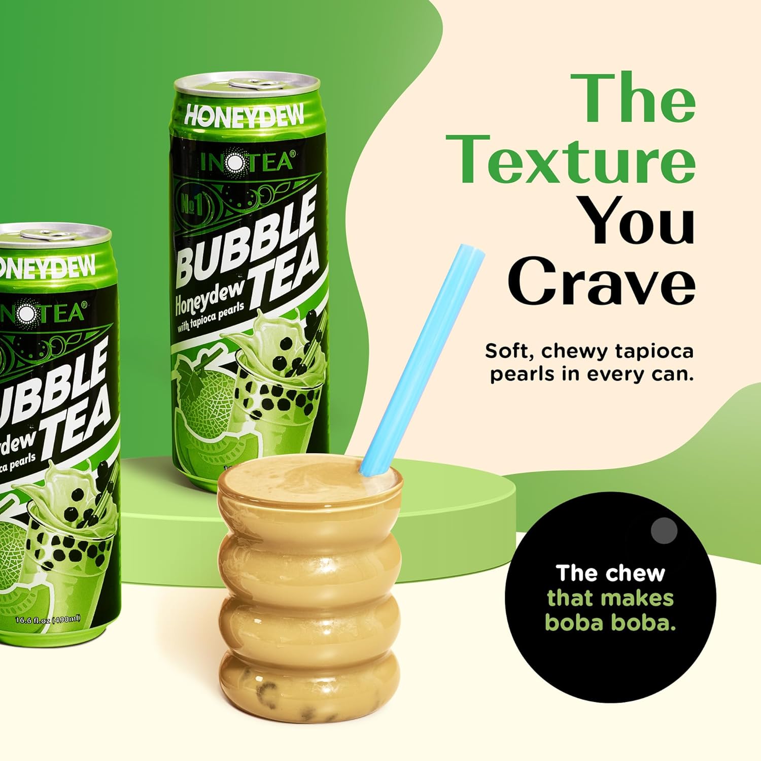 Inotea Bubble Tea with Tapioca Pearls - Delicious, Instant Boba Tea - Ready-to-Drink Black Milk Tea - Comes in Large 16.6 oz Cans - Enjoy Real Boba Without the Long Lines - Honeydew - 12 pack