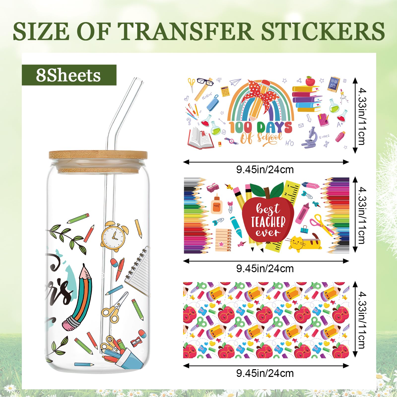 Insegnante UV DTF Cup Wrap – 8 Fogli Adesivi Trasferibili 'Best Teacher Ever' Per Tazze E Bicchieri (24x10,9 Cm) – Tema Scuola