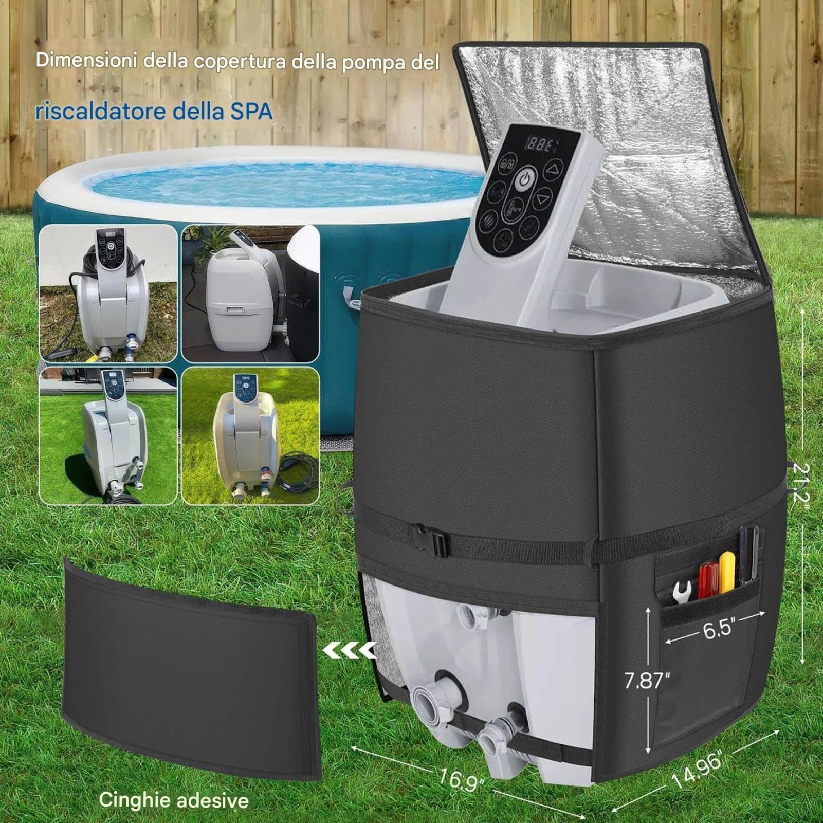 Cubierta De Bomba Spa - Protector Para Calentador De Bañera 43x38x54 cm, Protección Térmica De Aluminio, Revestimiento Con Cremallera De Tela | Capas De Sistemas De Retención De Calor, Cubierta