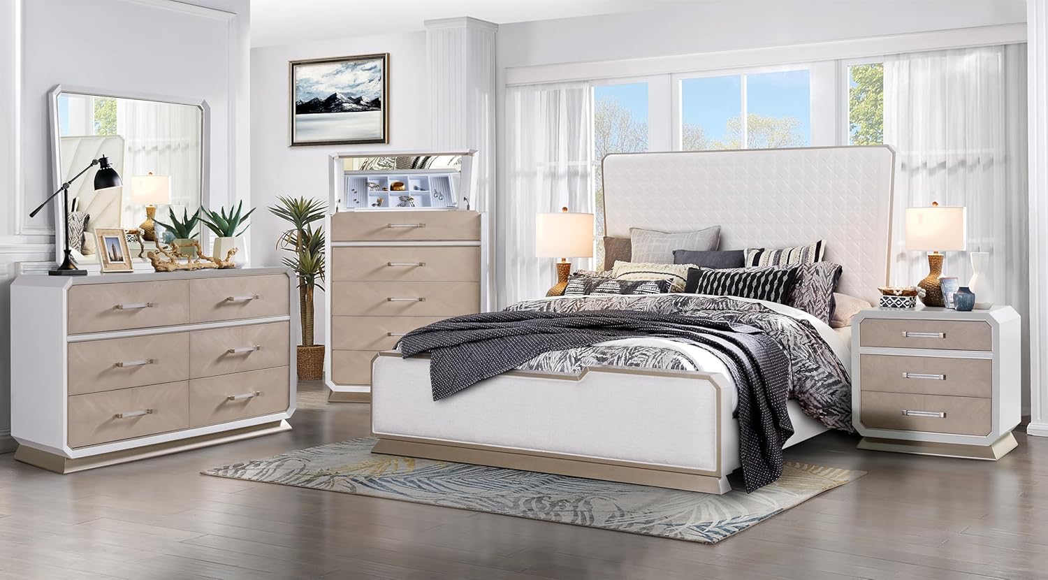 First of a Kind Dior Two Tone Luxury 5 Piece King Bedroom Set with Upholstered Tufted Headboard Modern Glam Design Coordinated Furniture Collection