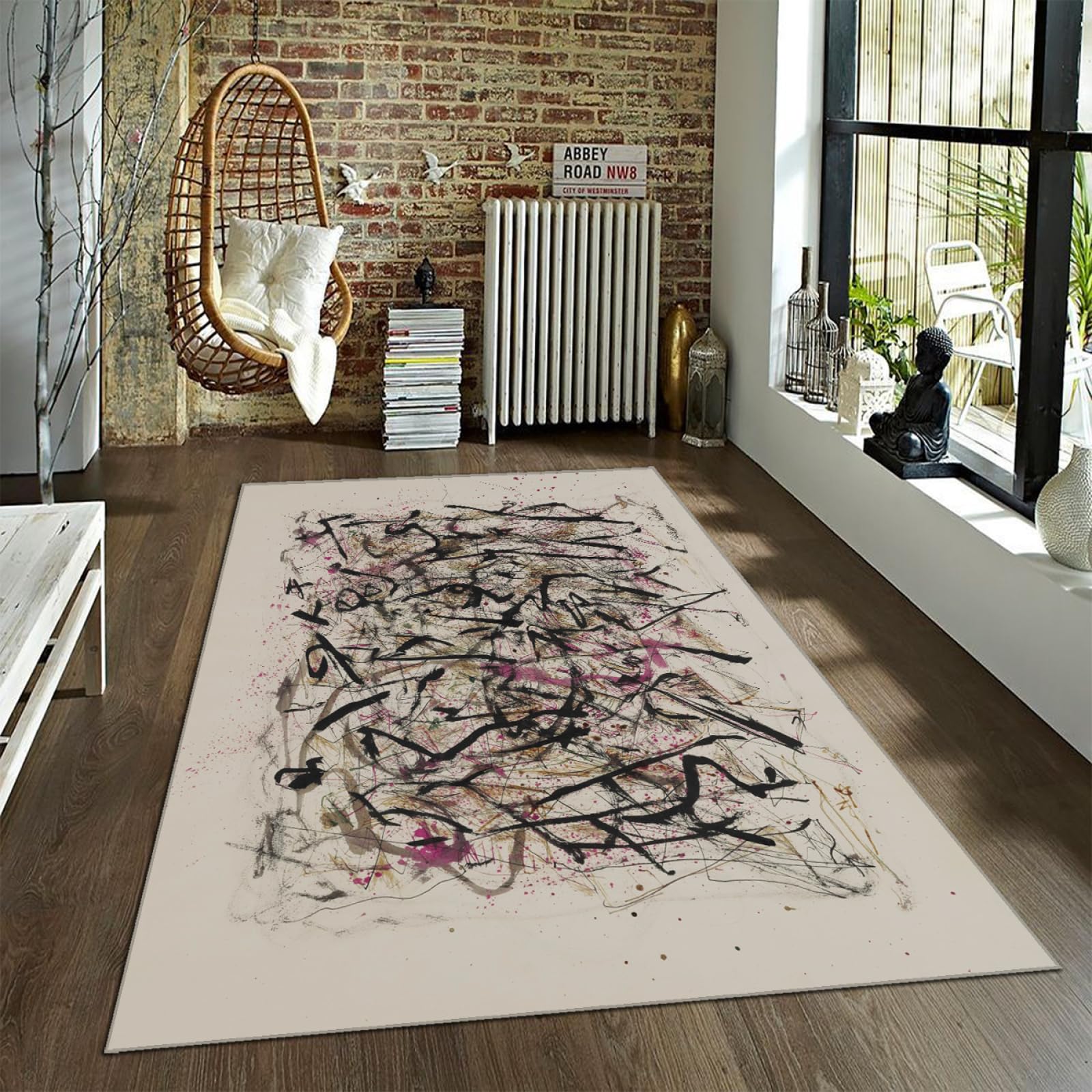 Tapis salon style Jackson Pollock abstrait antidérapant et lavable 80x150