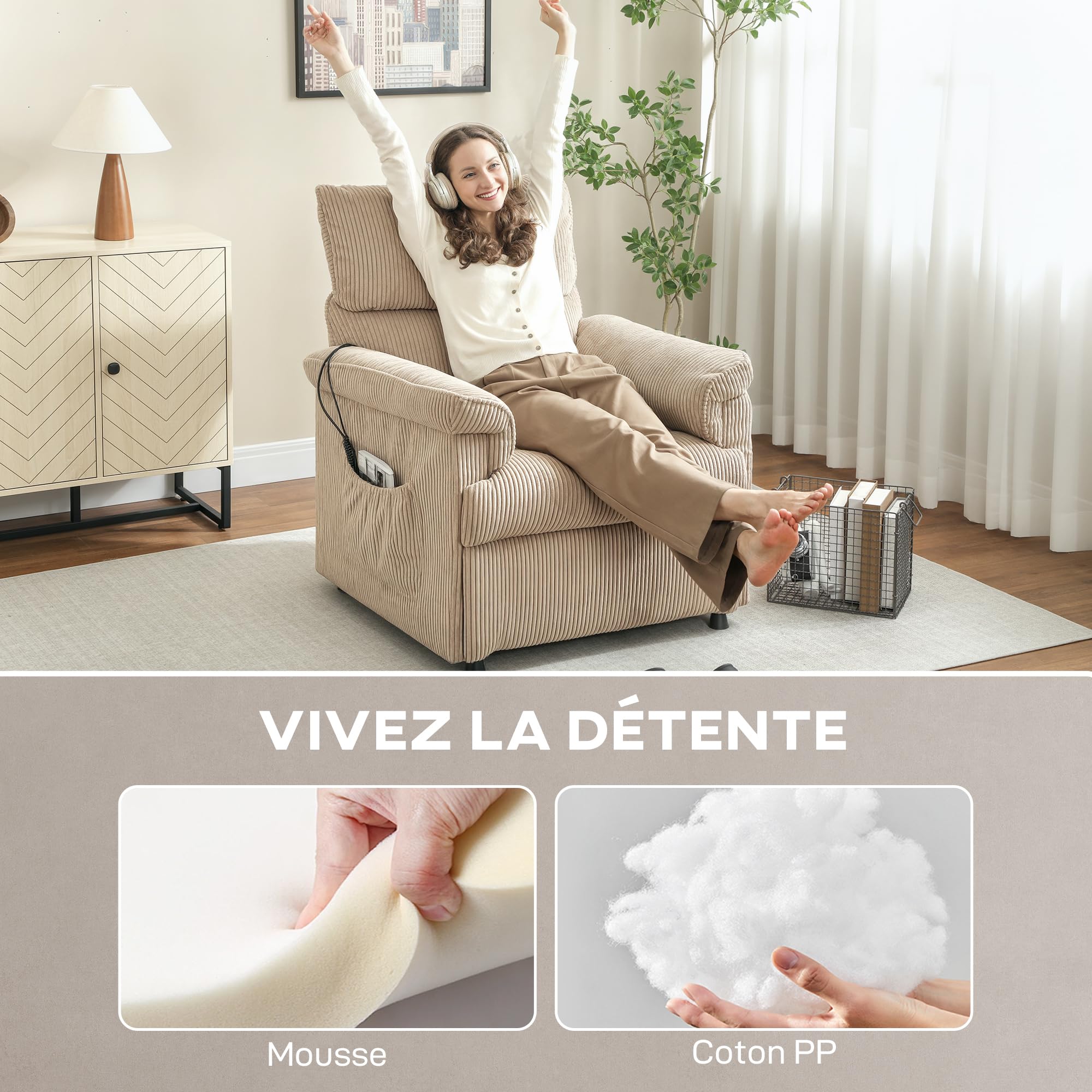 HOMCOM Fauteuil Relax Électrique Massant et Chauffant en Velours Côtelé, Fauteuil Inclinable avec Repose-Pieds, Moteur Silencieux, Mémoire, Port USB, Télécommande et Poches Latérales, Marron