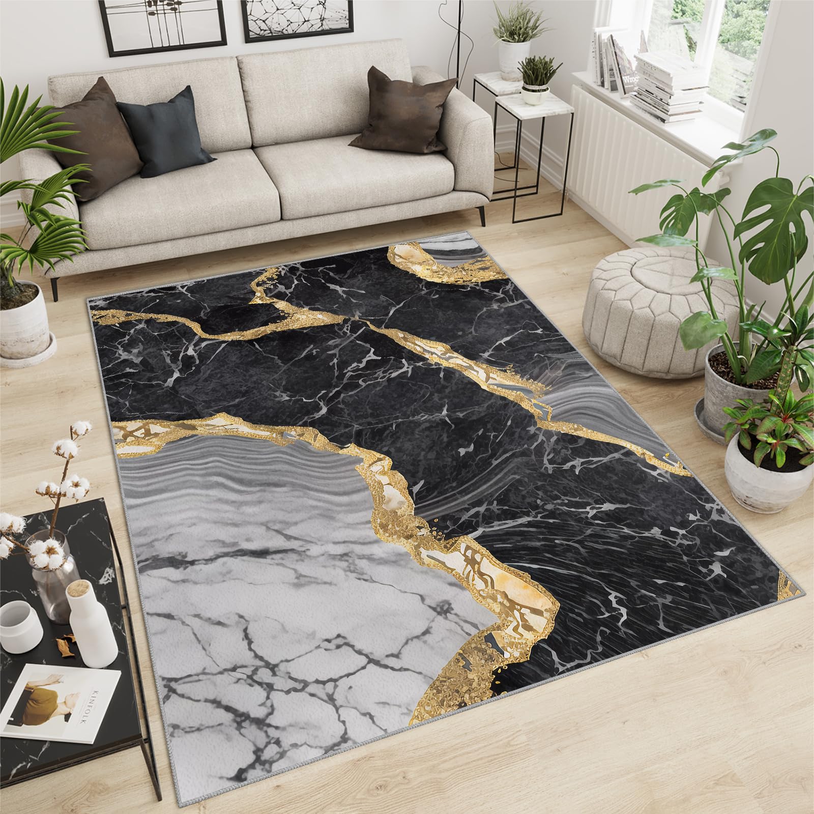 QDJKBL Runner Rug 80 X 220 Cm Black Gold Marble Abstract Texture, Modern Curved Crack Graffiti Lines Area Rugs, Anti-Slip Carpet Non-Shedding for Hallway Kitchen Entryway