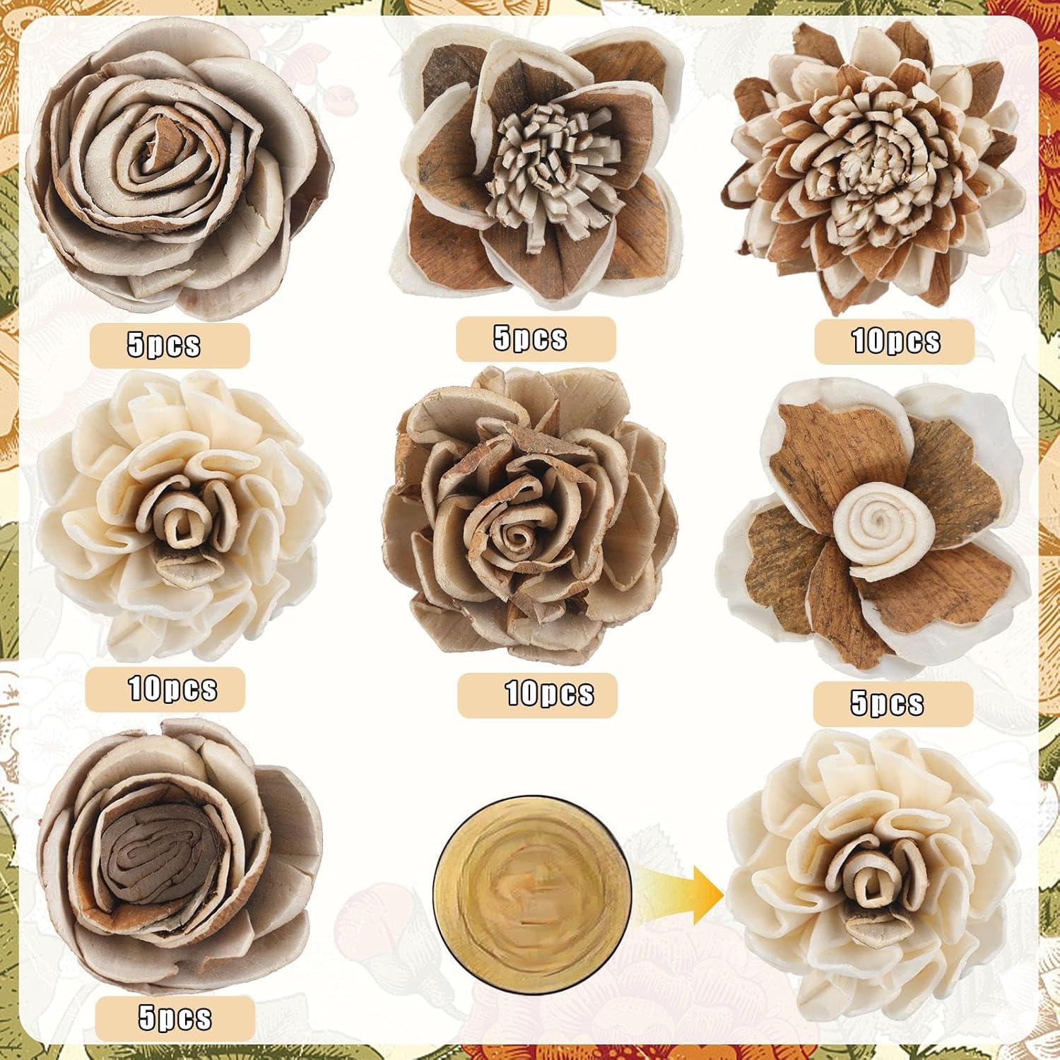 AceOrbit Set of 50 DIY Sola Wood Flowers Assortment Small Craft Wooden Flowers Fake Flower Bulk for Wedding Home Decorations DIY Bouquet Gift Embellishments 1.38-1.77 Inch(Retro,Dark Brown)