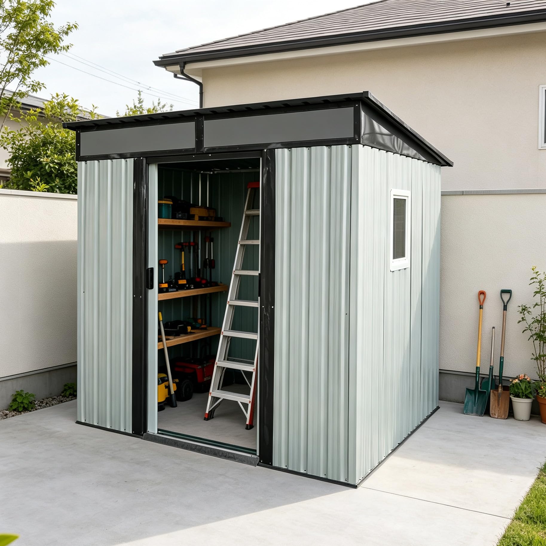 Amazon | 物置 屋外 戸外収納庫 スチール製 大型 引き戸両開き 幅195