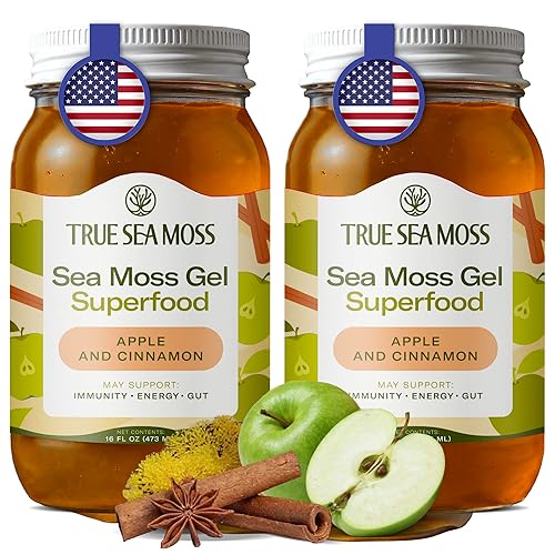TrueSeaMoss Sea Moss Gel – Made in USA – Wildcrafted Seamoss, Fresh Fruits & Jarred Vegetables – Apple/Cinnamon, Pack of 2 (Labels may Vary) - Apple/Cinnamon - 16 Fl Oz (Pack of 2)