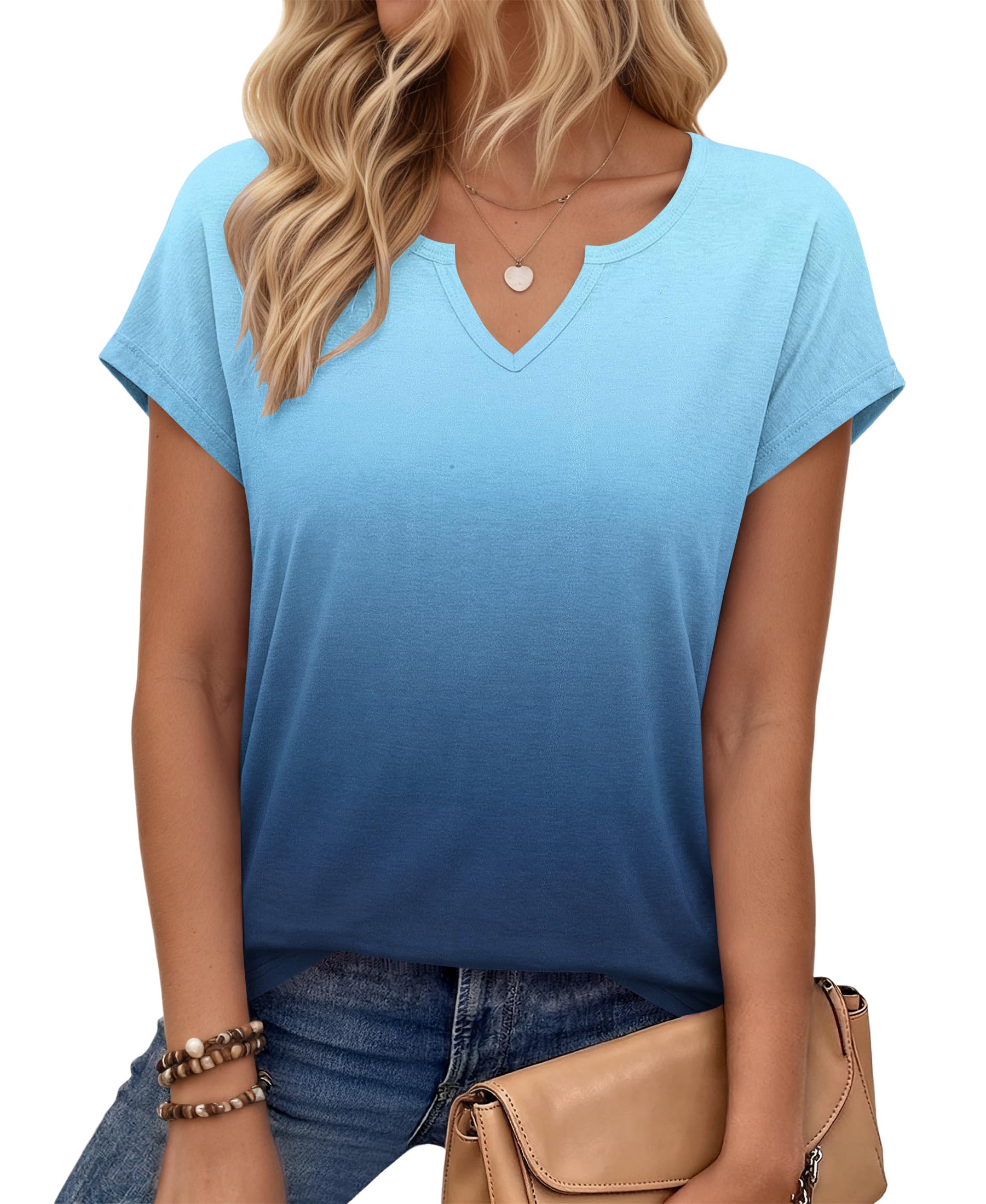 PLOKNRD T-Shirt Damen Sommer V Ausschnitt - Locker Bluse Oberteile Top Damen Leicht und Luftig mit Flügelärmeln