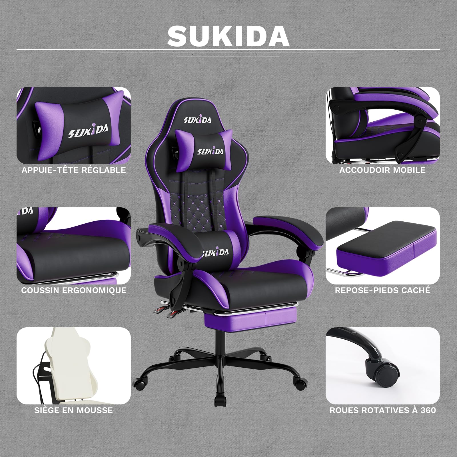 SUKIDA Chaise de Jeu, Chaise d'ordinateur Ergonomique avec Repose-Pieds, Chaise de Bureau Confortable avec appuie-tête, Chaise de Jeu Massage pour Adulte, Chaise d'ordinateur réglable en Hauteur