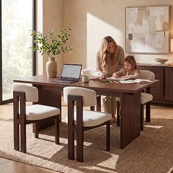 COLAMY Dining Table Set for 4 People, 63" Modern Farmhouse, Thickened Scratch-Resistant Woodgrain Tabletop & Upholstered Solid Wood Chairs for Dining Room,Beige+Walnut