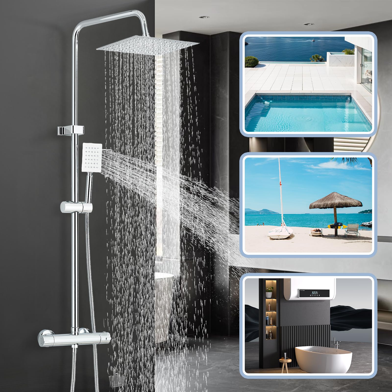 Juego de mezclador termostático de ducha de acero inoxidable y con cabezal de ducha ajustable de 8 pulgadas, doble cabezal, grifo mezclador de baño con ducha, cromado