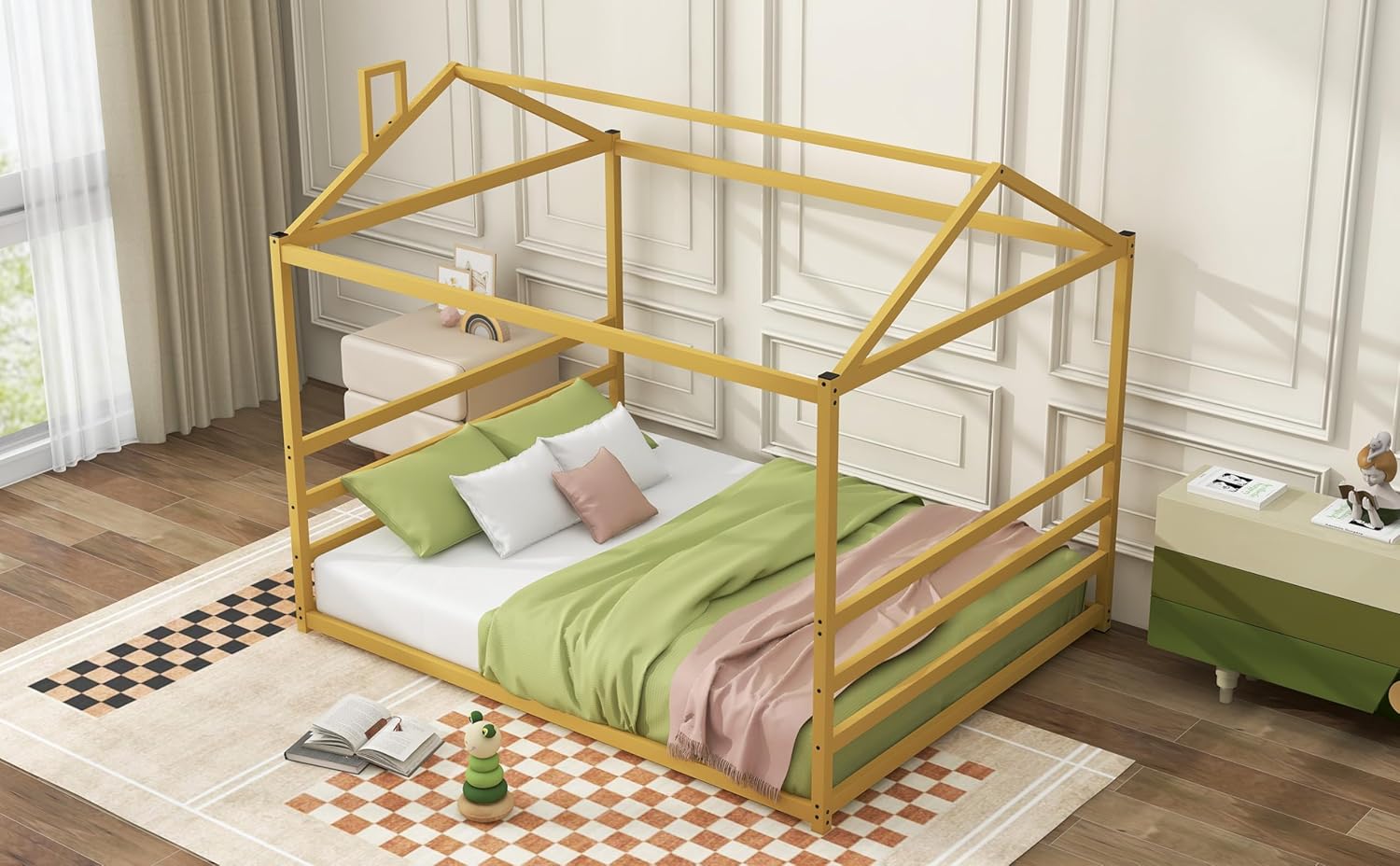 Harper & Bright Designs Metal House Shape Platform Bed Frame for Boys Girls Kids Adults Toddler, Gold, Queen